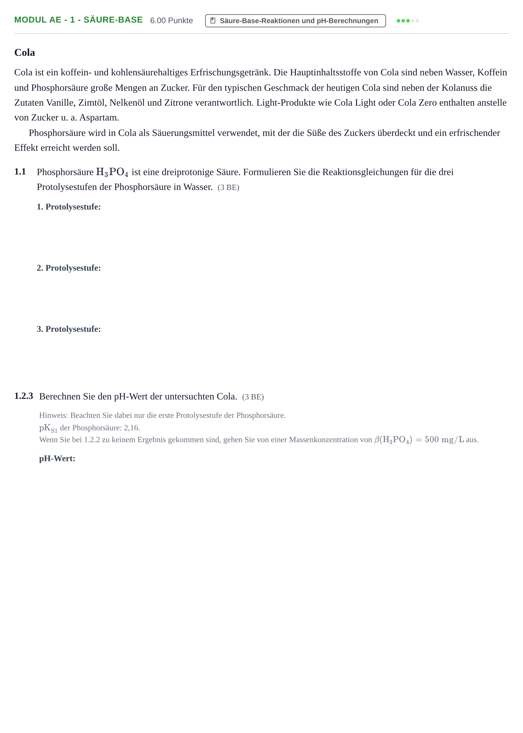 Aufgabenstellung: Aufgabe Modul AE - 1 - Säure-Base · Abitur Hessen Chemietechnik LK 2022