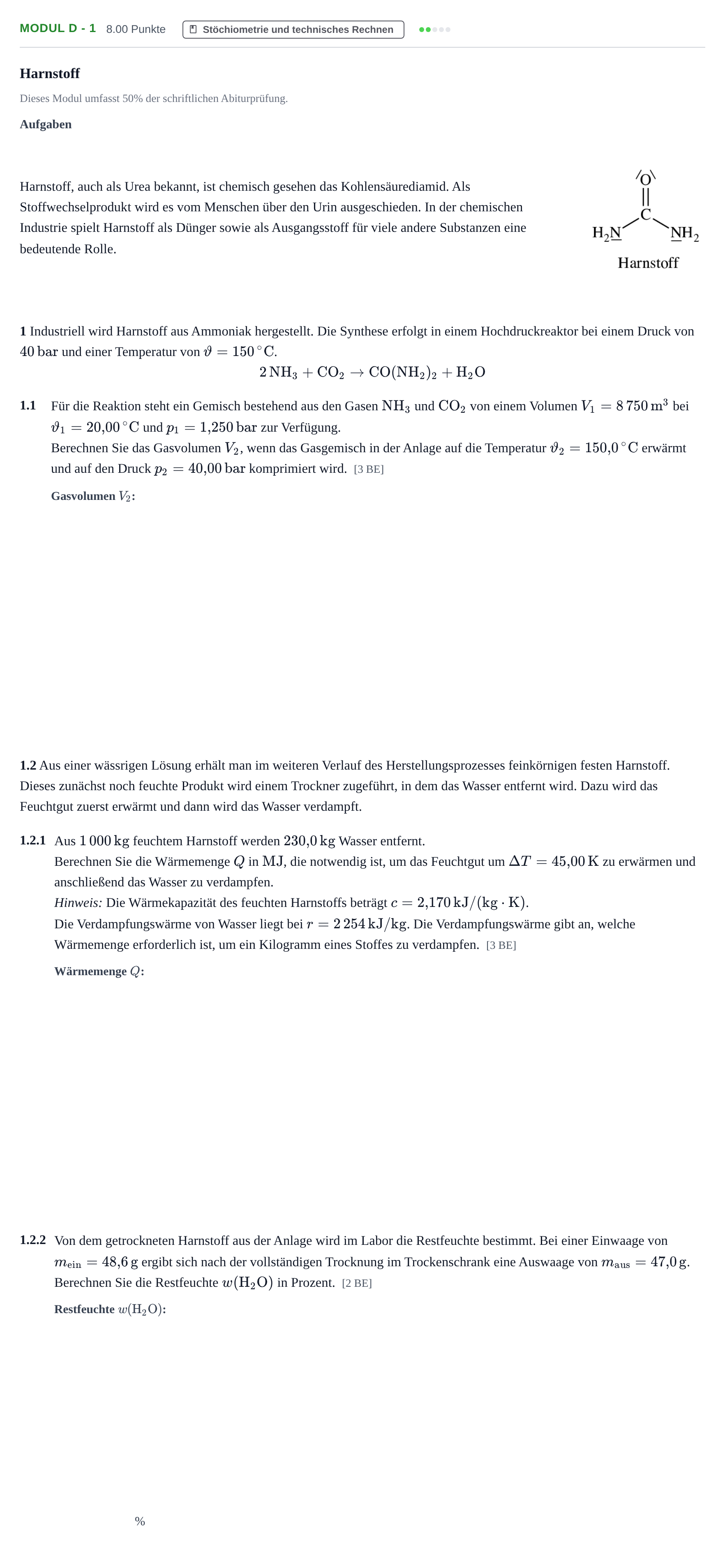 Aufgabenstellung: Aufgabe Modul D - 1 · Abitur Hessen Chemietechnik LK 2022