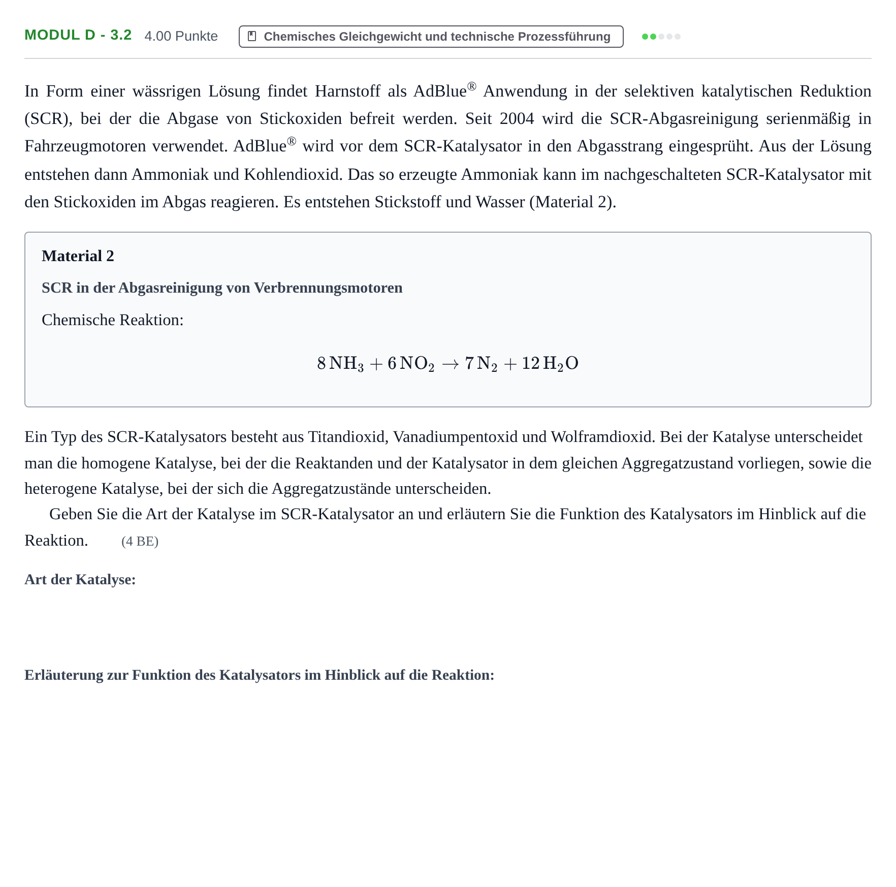 Aufgabenstellung: Aufgabe Modul D - 3.2 · Abitur Hessen Chemietechnik LK 2022