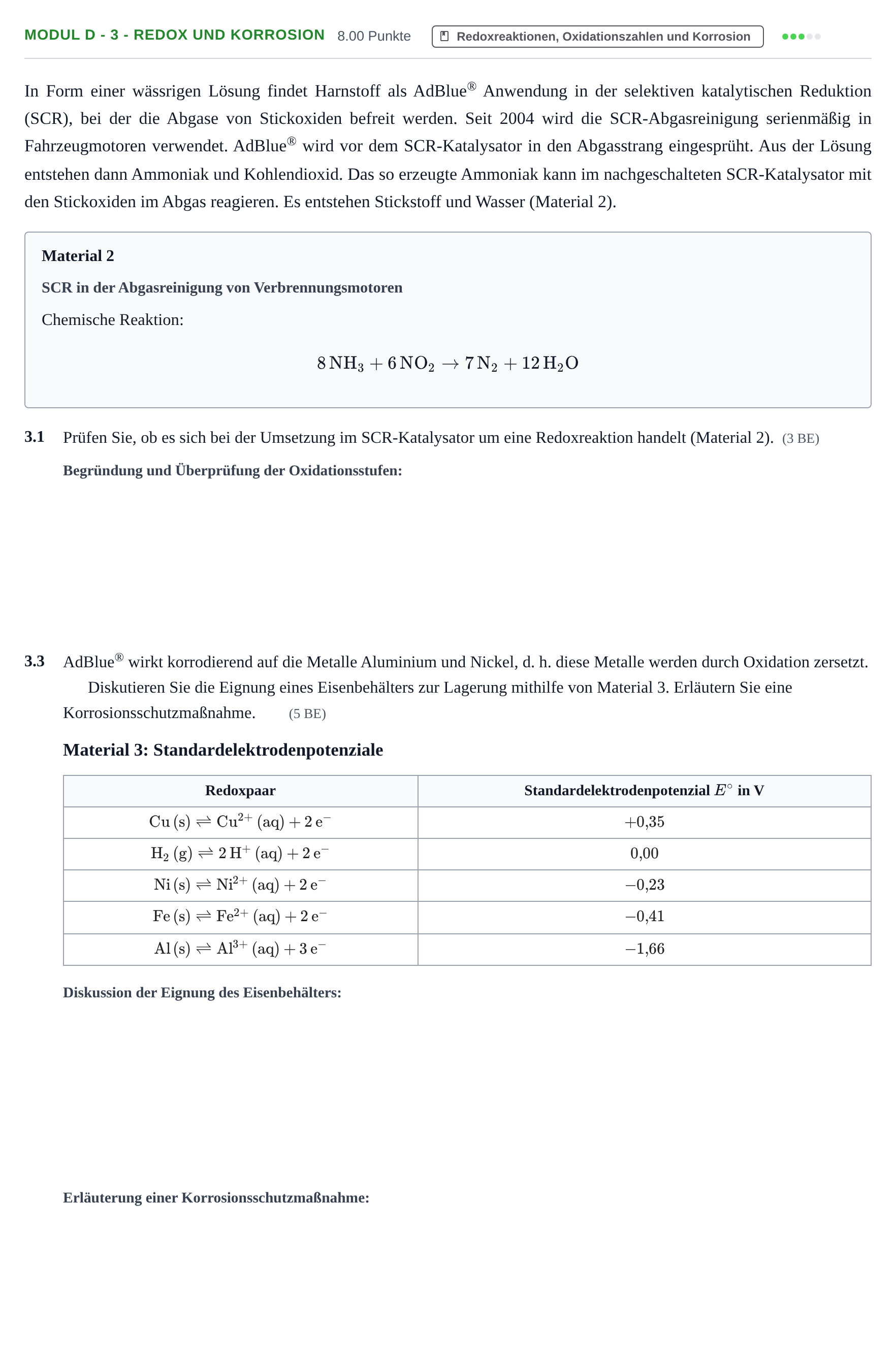 Aufgabenstellung: Aufgabe Modul D - 3 - Redox und Korrosion · Abitur Hessen Chemietechnik LK 2022