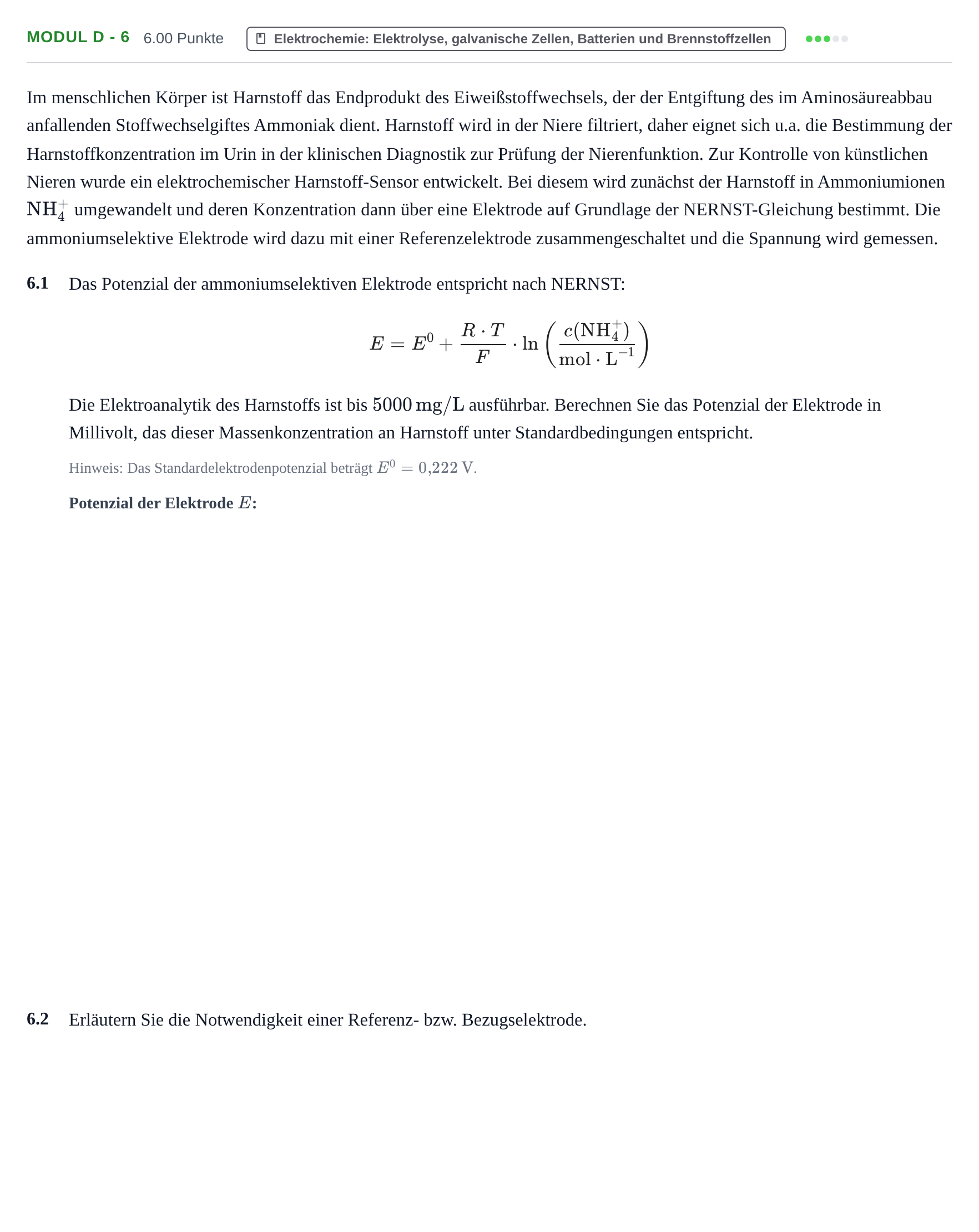 Aufgabenstellung: Aufgabe Modul D - 6 · Abitur Hessen Chemietechnik LK 2022