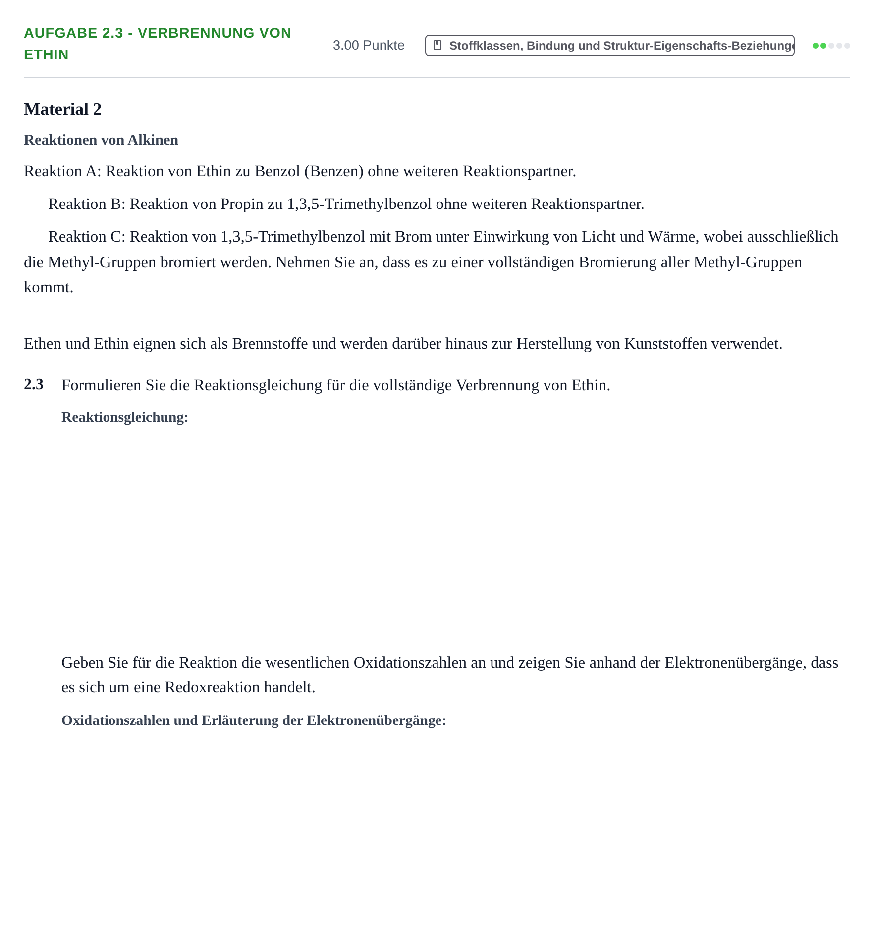 Aufgabenstellung: Aufgabe 2.3 - Verbrennung von Ethin · Abitur Hessen Chemie LK 2022