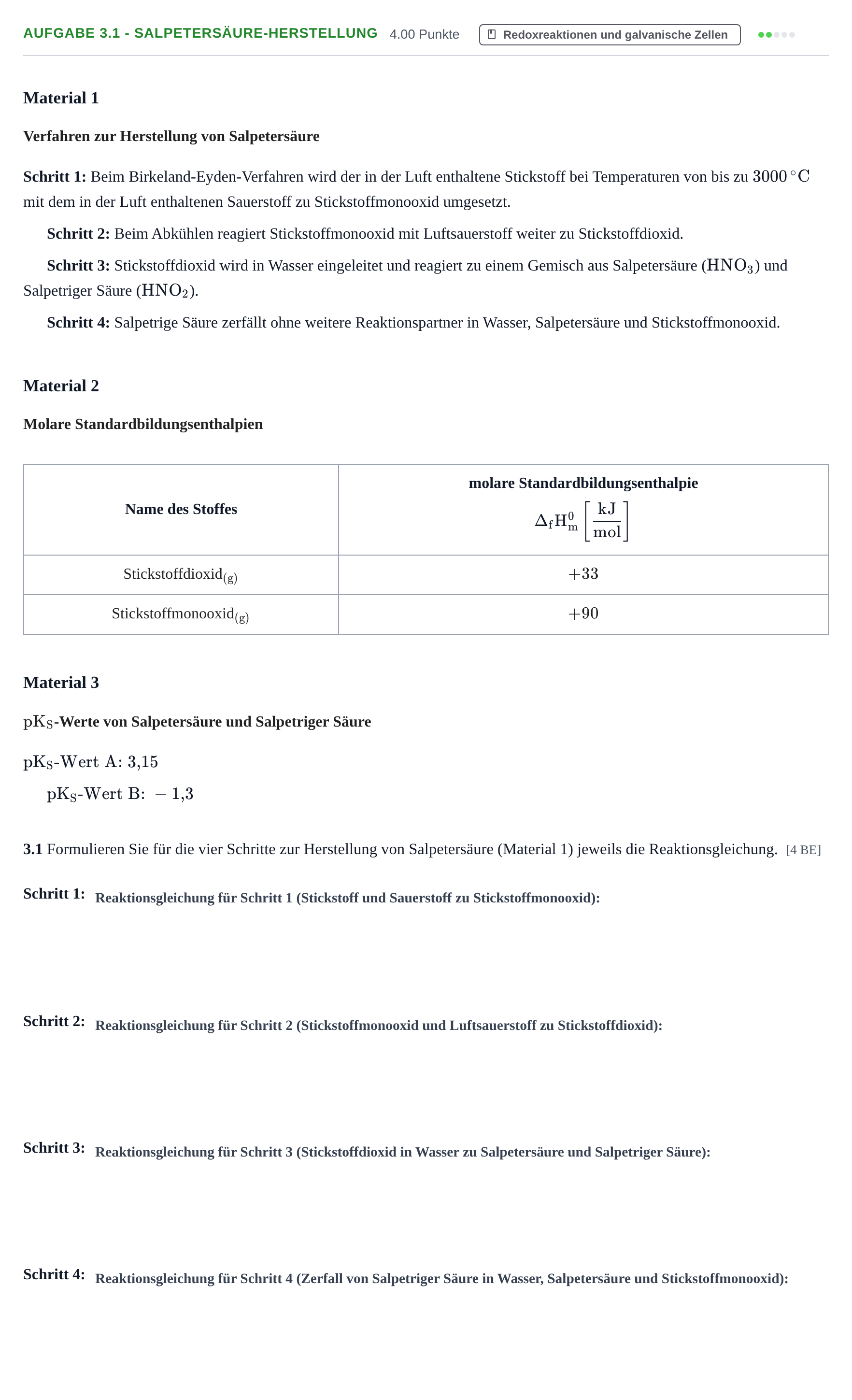 Aufgabenstellung: Aufgabe 3.1 - Salpetersäure-Herstellung · Abitur Hessen Chemie LK 2022