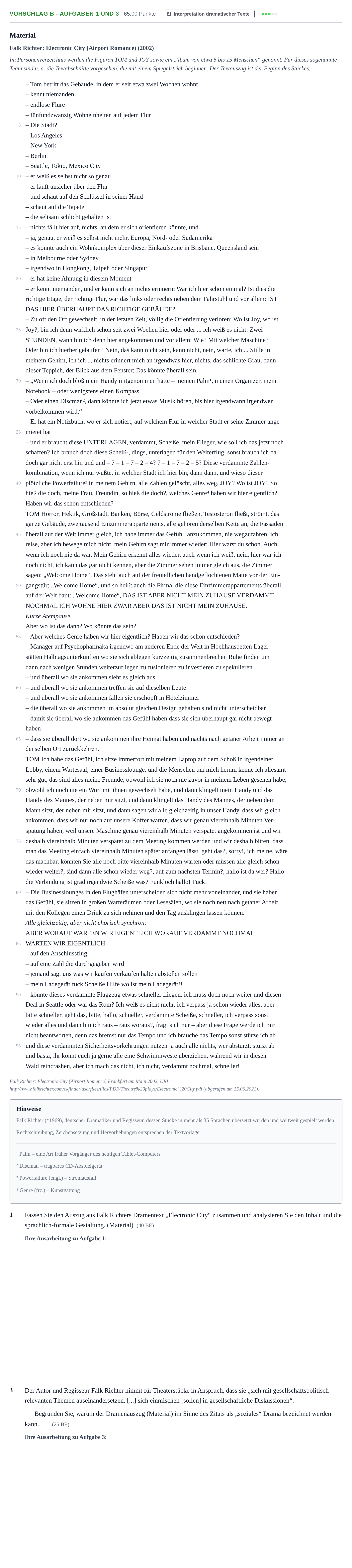 Aufgabenstellung: Aufgabe Vorschlag B - Aufgaben 1 und 3 · Abitur Hessen Deutsch GK 2022