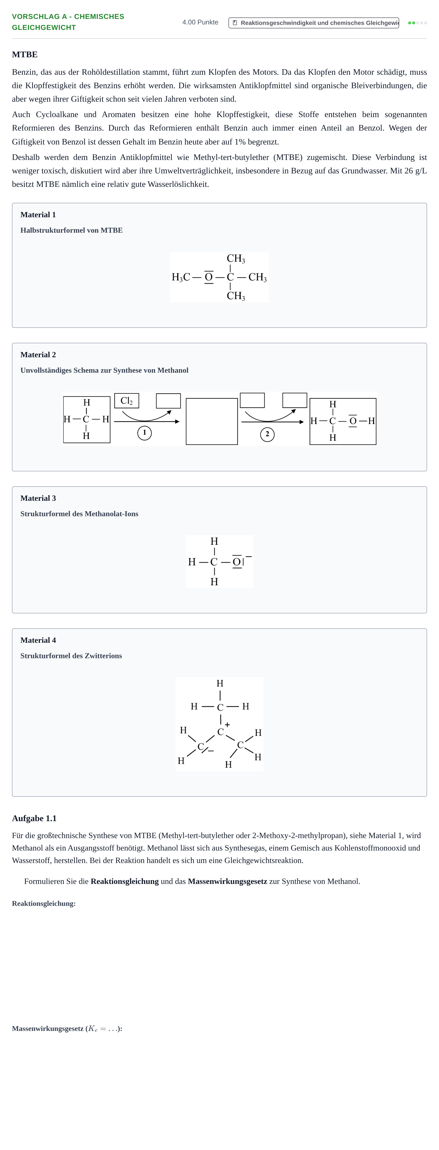 Aufgabenstellung: Aufgabe Vorschlag A - Chemisches Gleichgewicht · Abitur Hessen Chemie LK · Schulen für Erwachsene 2022
