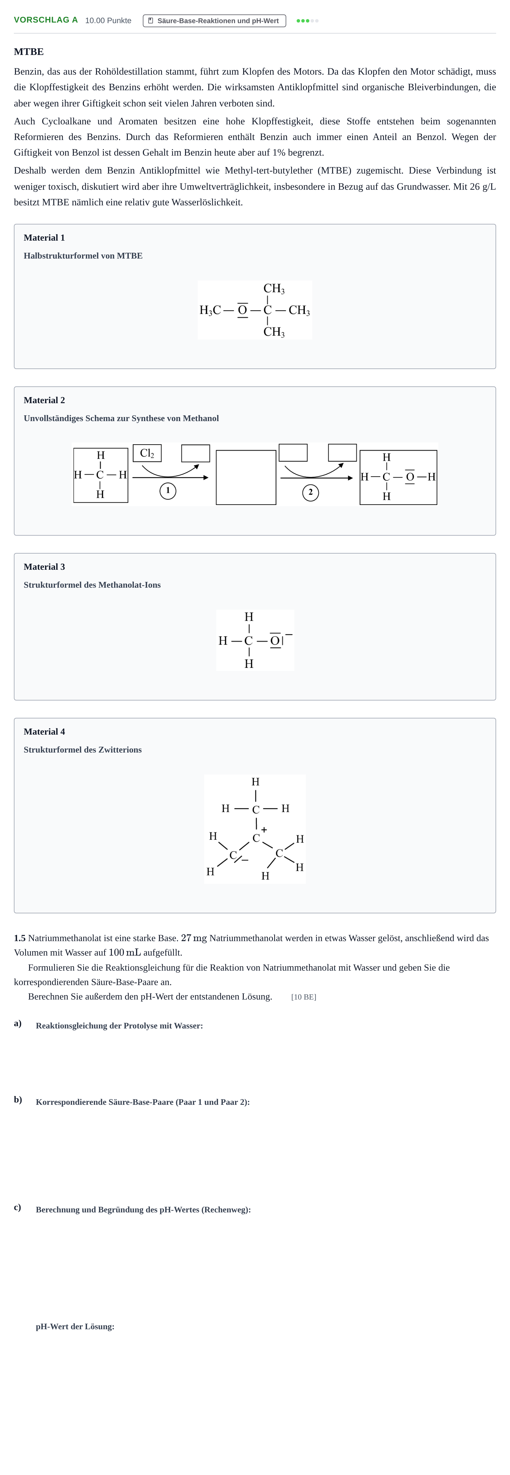 Aufgabenstellung: Aufgabe Vorschlag A - Säure-Base-Reaktionen und pH-Wert · Abitur Hessen Chemie LK · Schulen für Erwachsene 2022
