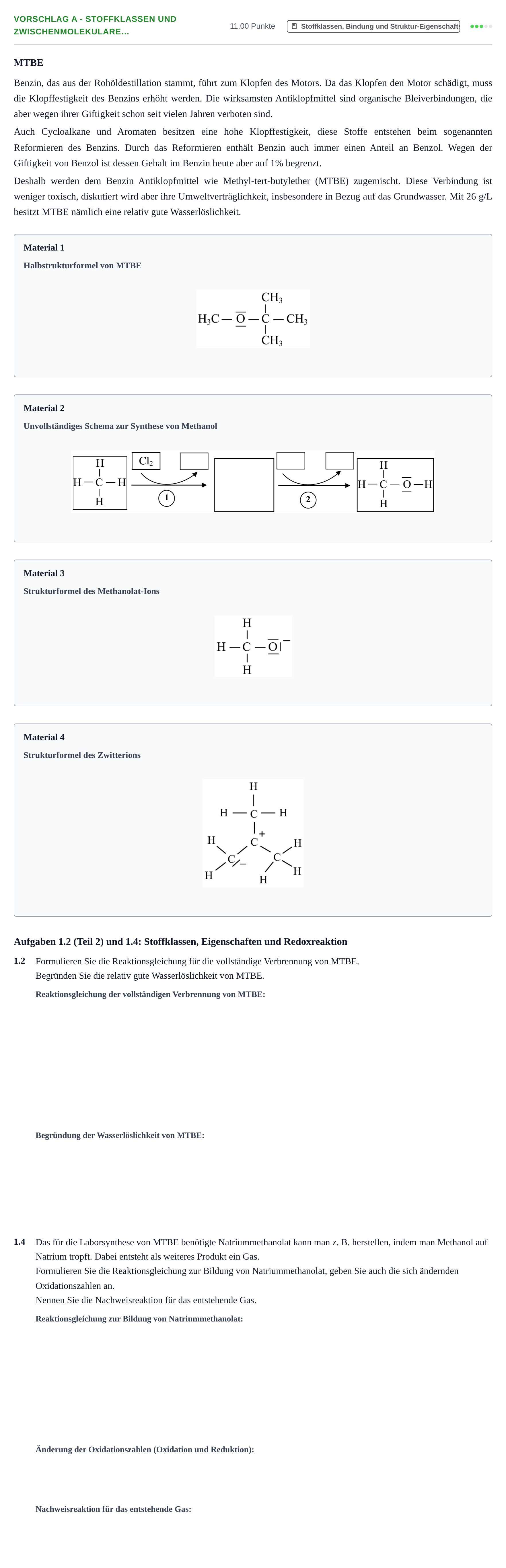 Aufgabenstellung: Aufgabe Vorschlag A - Stoffklassen und zwischenmolekulare… · Abitur Hessen Chemie LK · Schulen für Erwachsene 2022