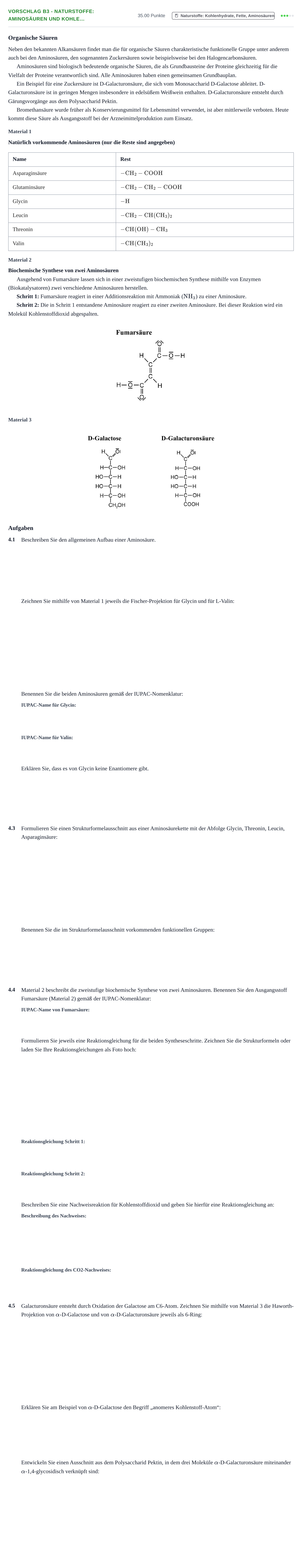 Aufgabenstellung: Aufgabe Vorschlag B3 - Naturstoffe: Aminosäuren und Kohle… · Abitur Hessen Chemie LK · Schulen für Erwachsene 2022