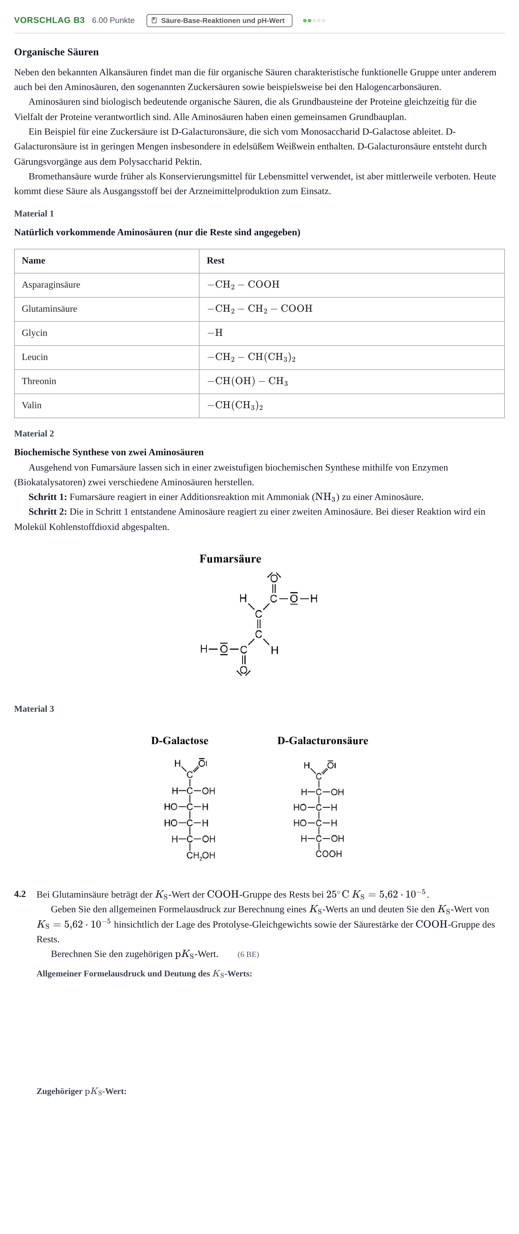 Aufgabenstellung: Aufgabe Vorschlag B3 - Säure-Base-Reaktionen und pH-Wert · Abitur Hessen Chemie LK · Schulen für Erwachsene 2022