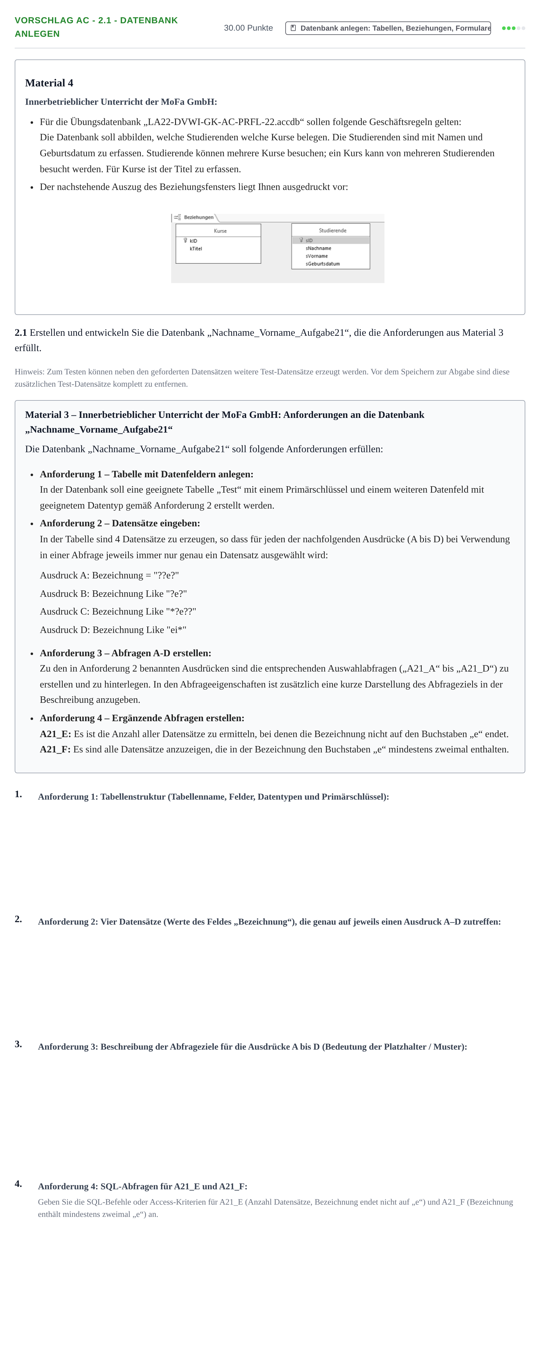 Aufgabenstellung: Aufgabe Vorschlag AC - 2.1 - Datenbank anlegen · Abitur Hessen Datenverarbeitung GK 2022
