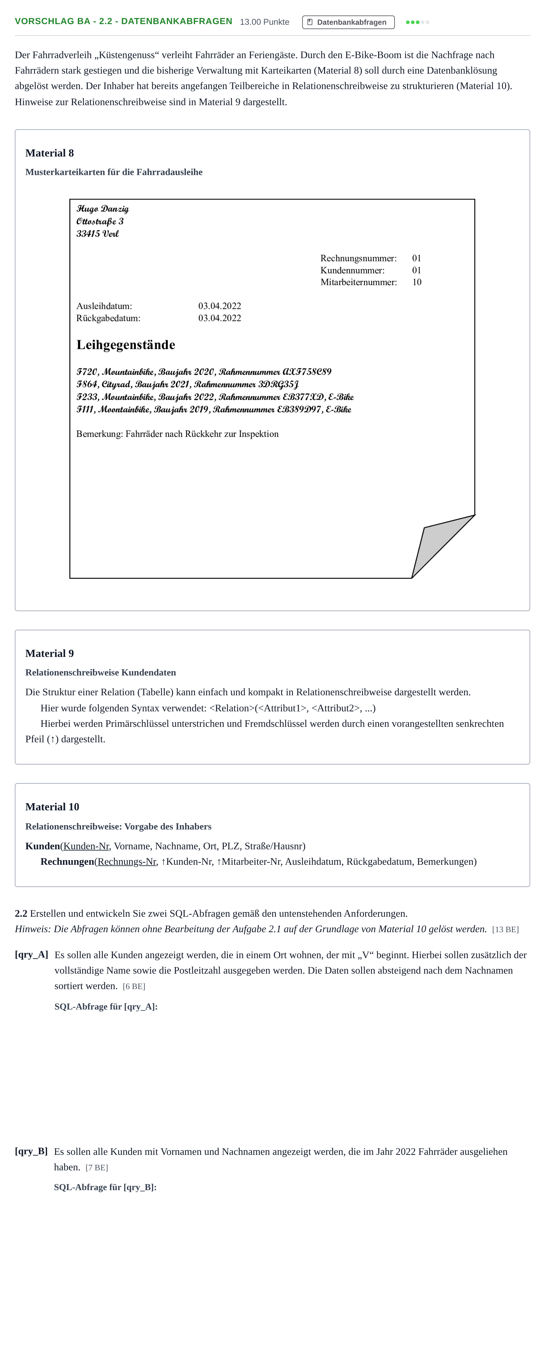 Aufgabenstellung: Aufgabe Vorschlag BA - 2.2 - Datenbankabfragen · Abitur Hessen Datenverarbeitung GK 2022