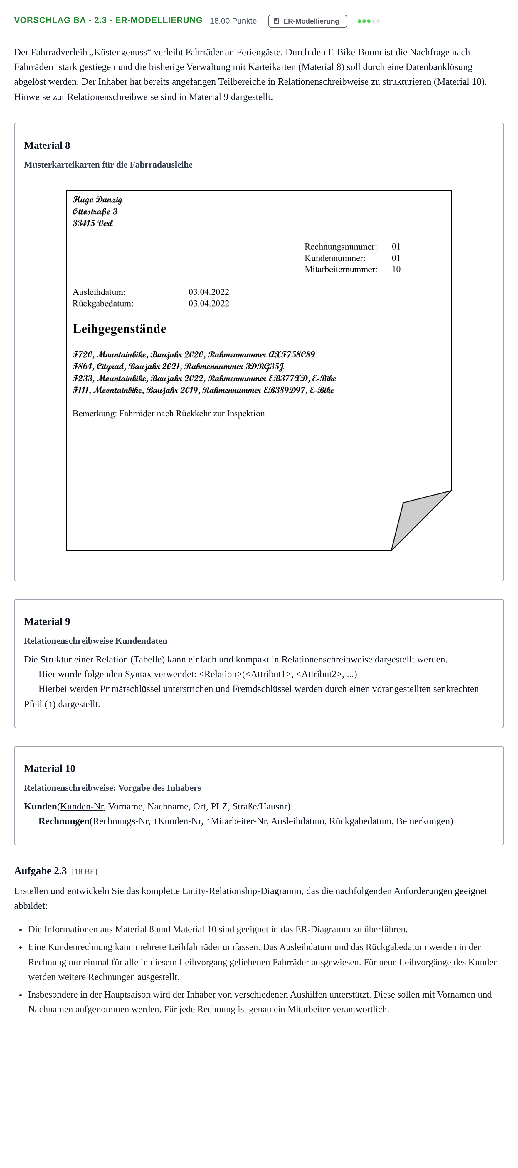 Aufgabenstellung: Aufgabe Vorschlag BA - 2.3 - ER-Modellierung · Abitur Hessen Datenverarbeitung GK 2022