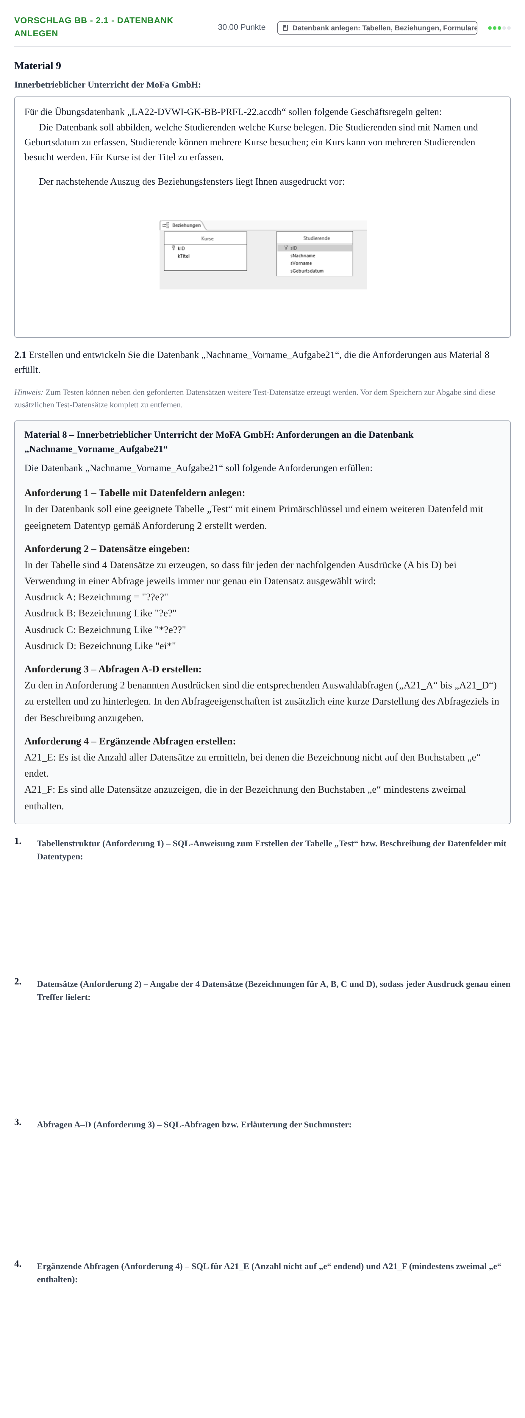 Aufgabenstellung: Aufgabe Vorschlag BB - 2.1 - Datenbank anlegen · Abitur Hessen Datenverarbeitung GK 2022