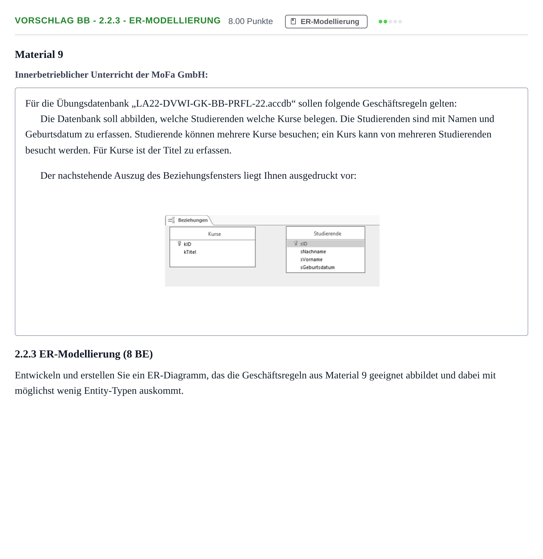Aufgabenstellung: Aufgabe Vorschlag BB - 2.2.3 - ER-Modellierung · Abitur Hessen Datenverarbeitung GK 2022