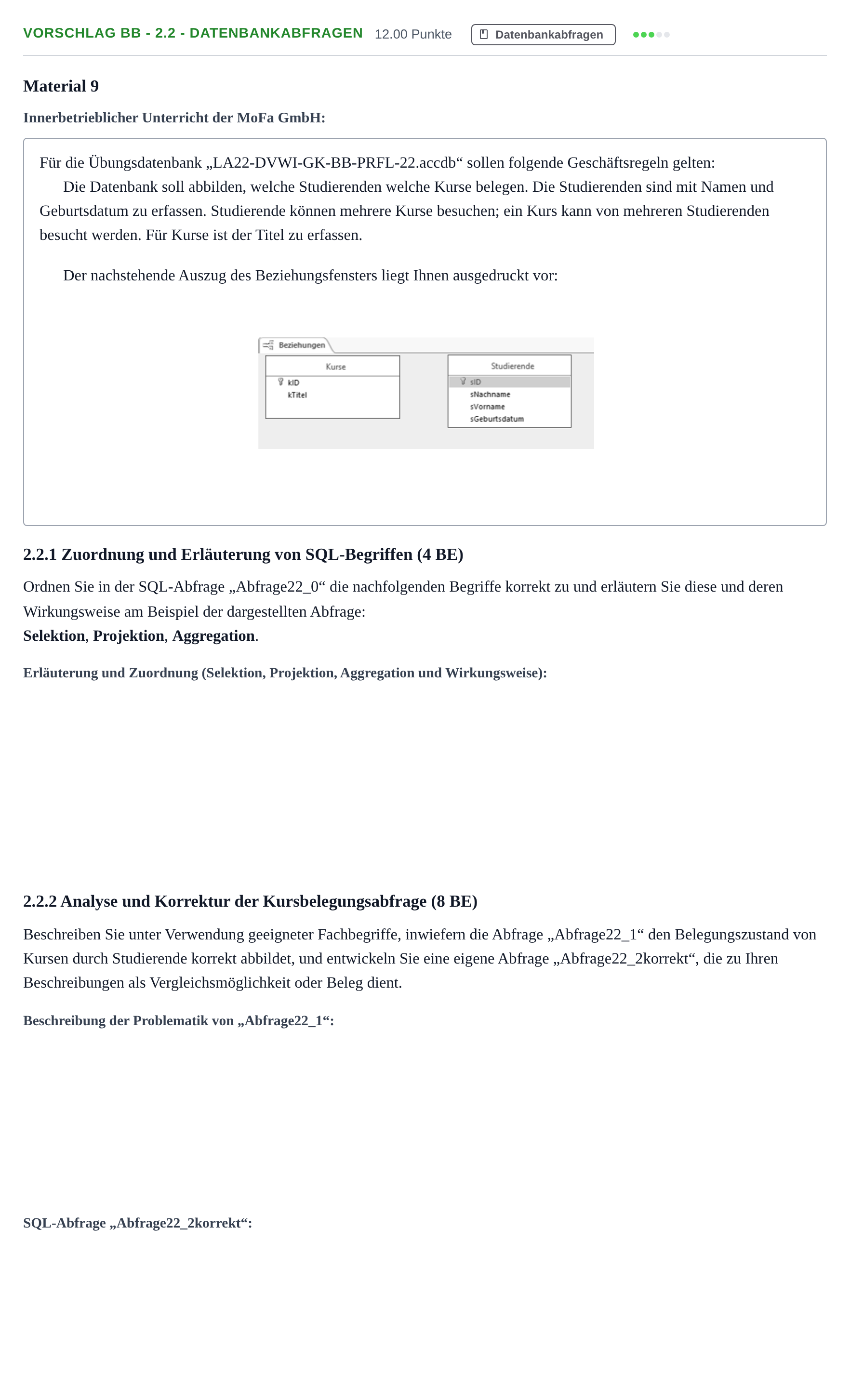 Aufgabenstellung: Aufgabe Vorschlag BB - 2.2 - Datenbankabfragen · Abitur Hessen Datenverarbeitung GK 2022