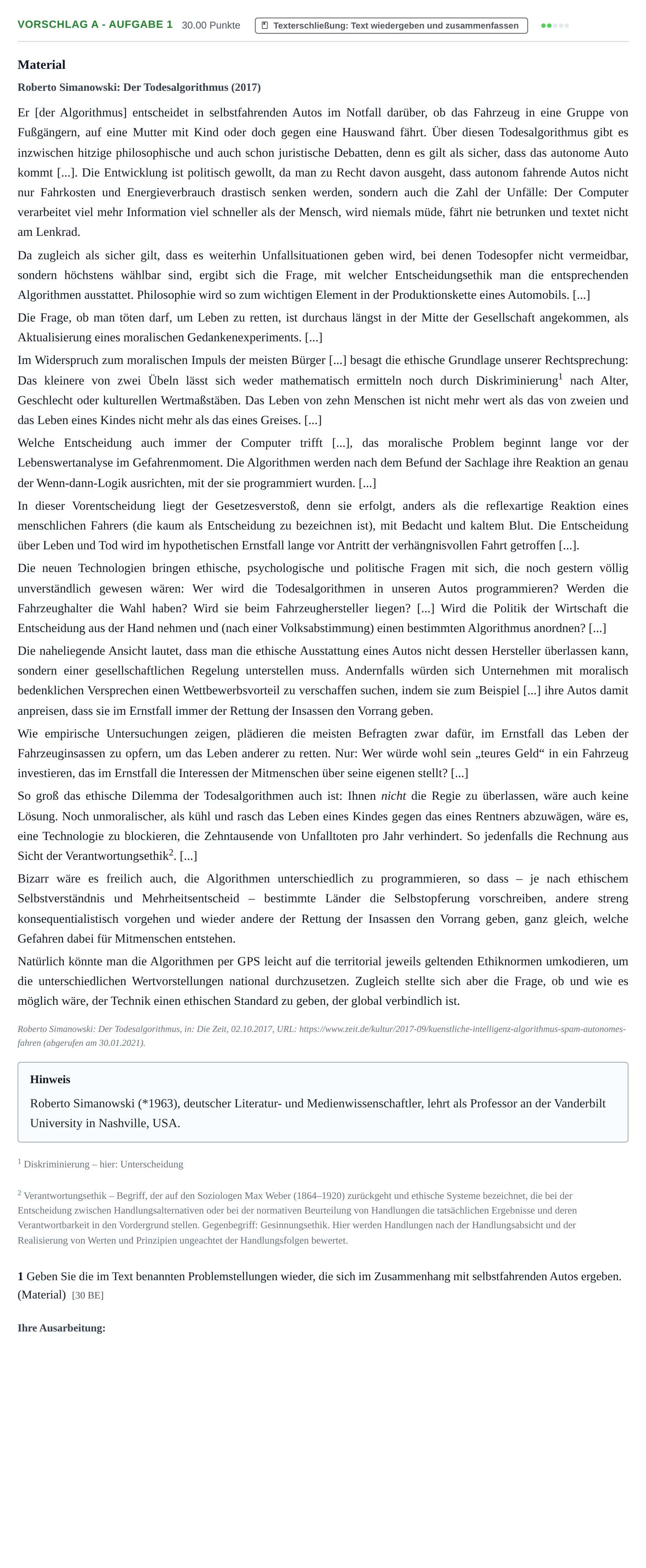 Aufgabenstellung: Aufgabe Vorschlag A - Aufgabe 1 · Abitur Hessen Ethik GK 2022
