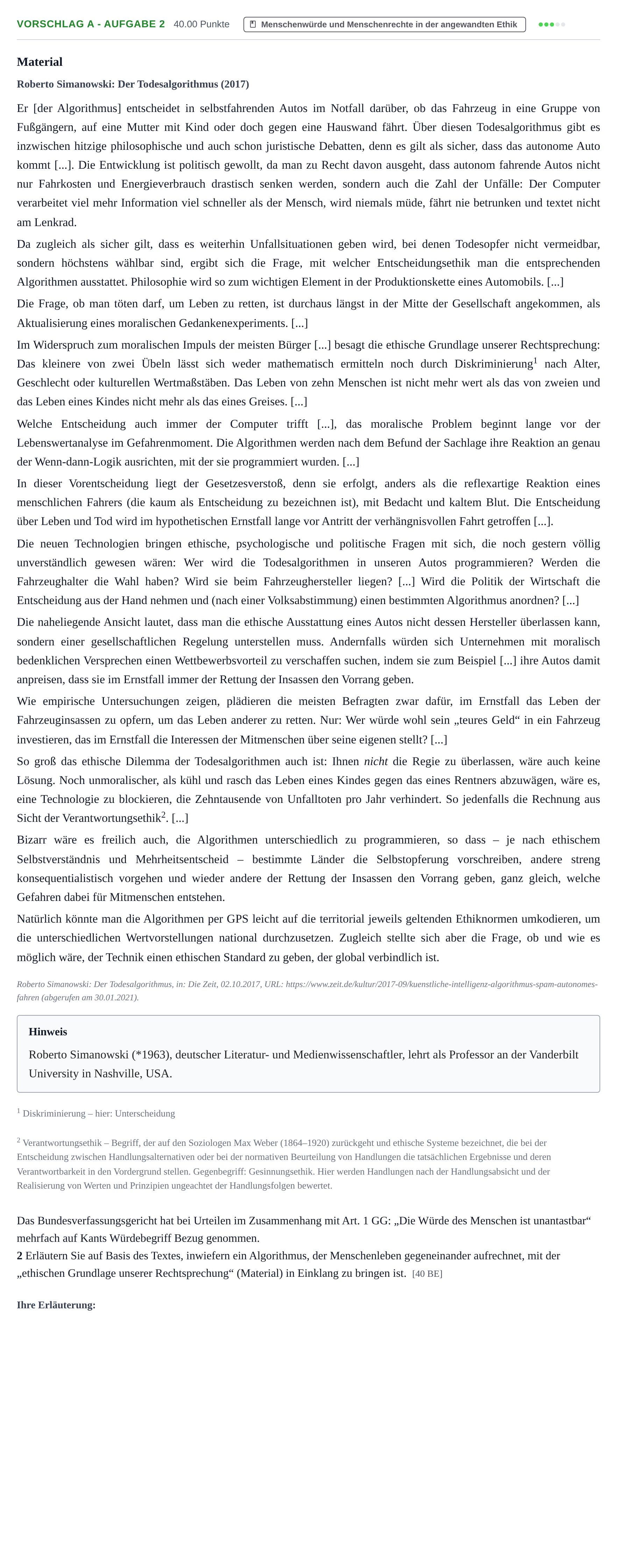 Aufgabenstellung: Aufgabe Vorschlag A - Aufgabe 2 · Abitur Hessen Ethik GK 2022