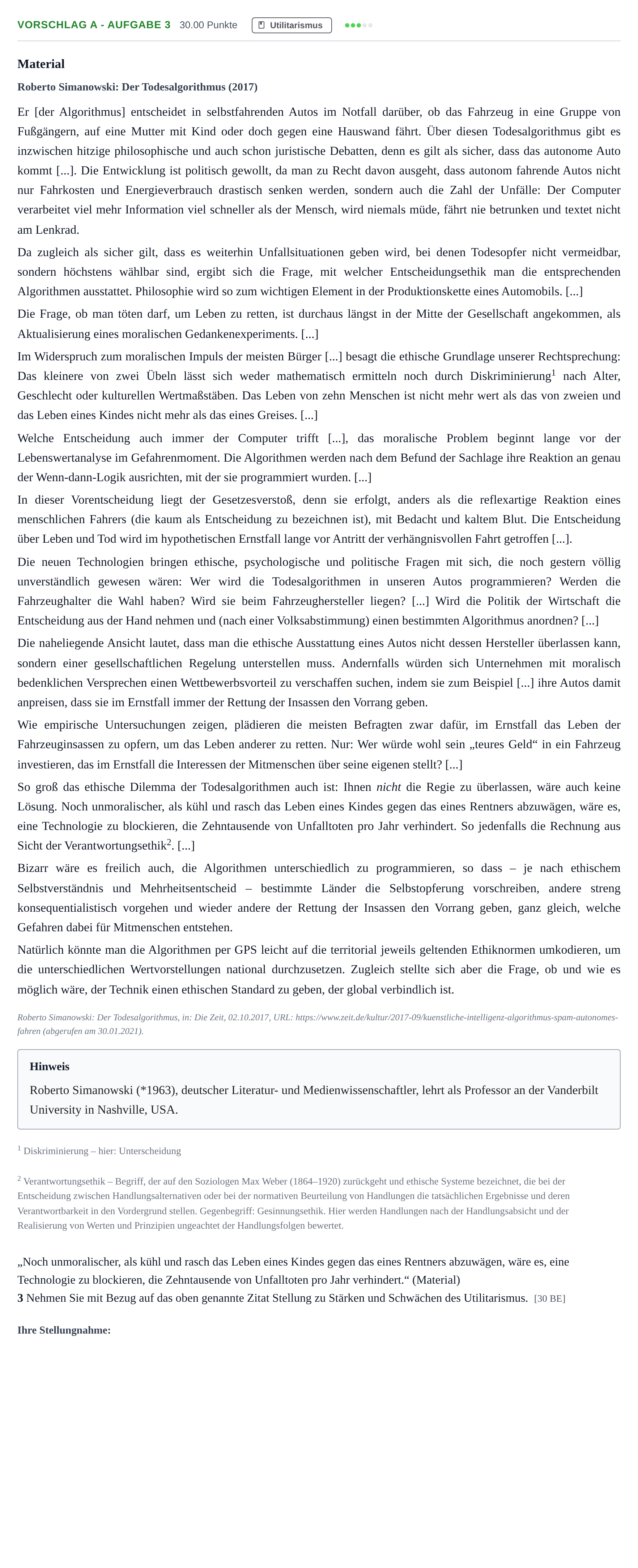 Aufgabenstellung: Aufgabe Vorschlag A - Aufgabe 3 · Abitur Hessen Ethik GK 2022