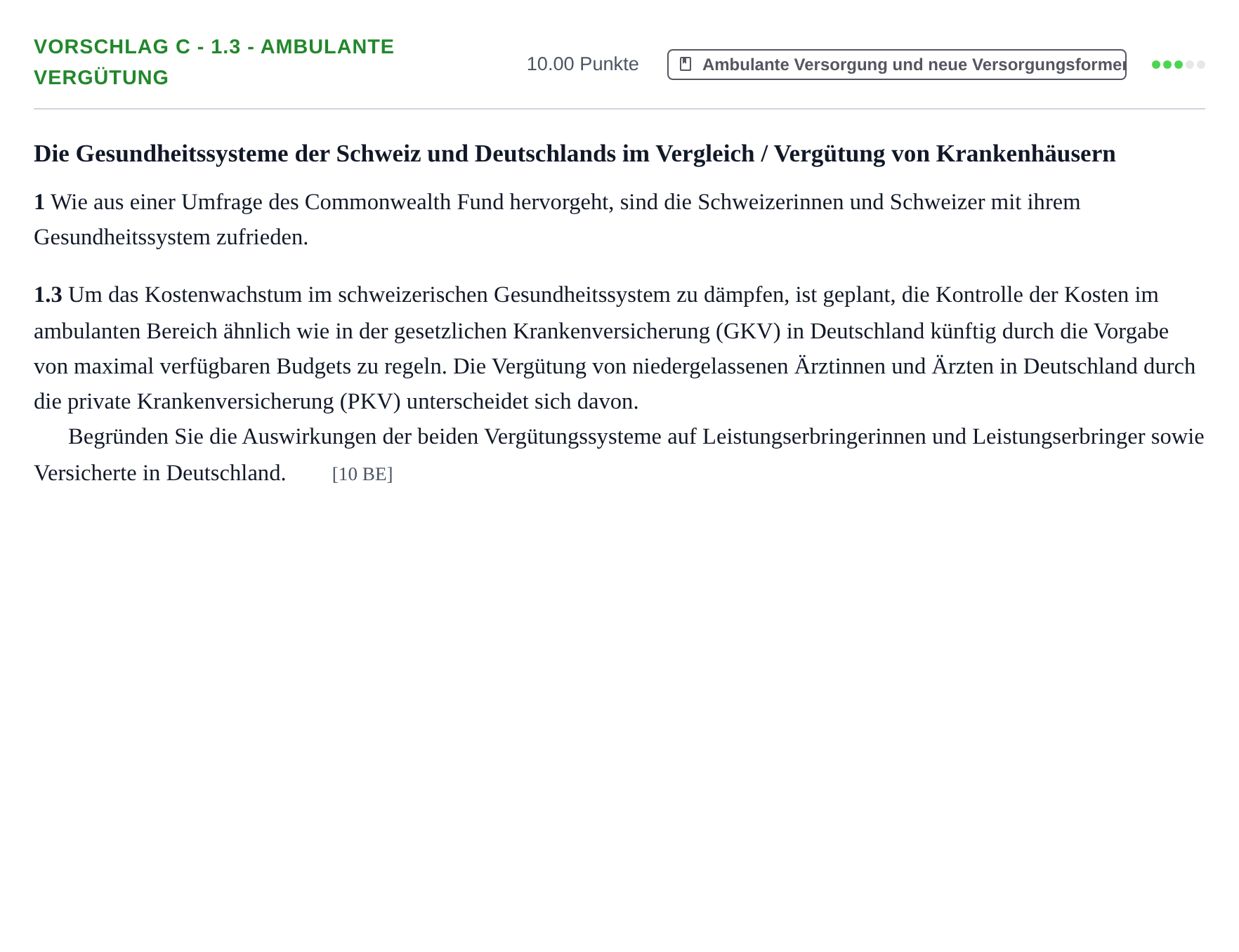 Aufgabenstellung: Aufgabe Vorschlag C - 1.3 - Ambulante Vergütung · Abitur Hessen Gesundheitsökonomie GK 2022