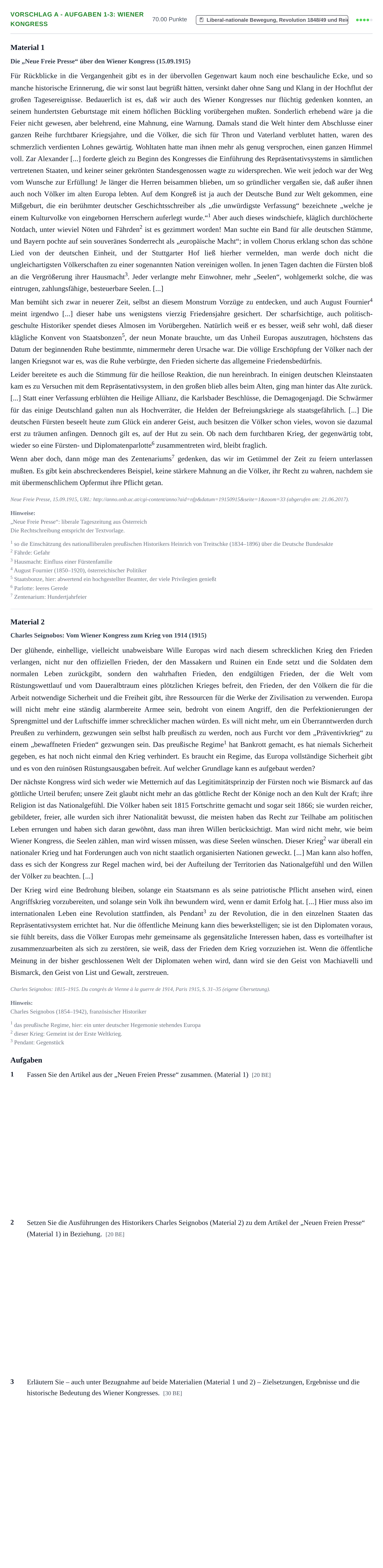 Aufgabenstellung: Aufgabe Vorschlag A - Aufgaben 1-3: Wiener Kongress · Abitur Hessen Geschichte LK 2022