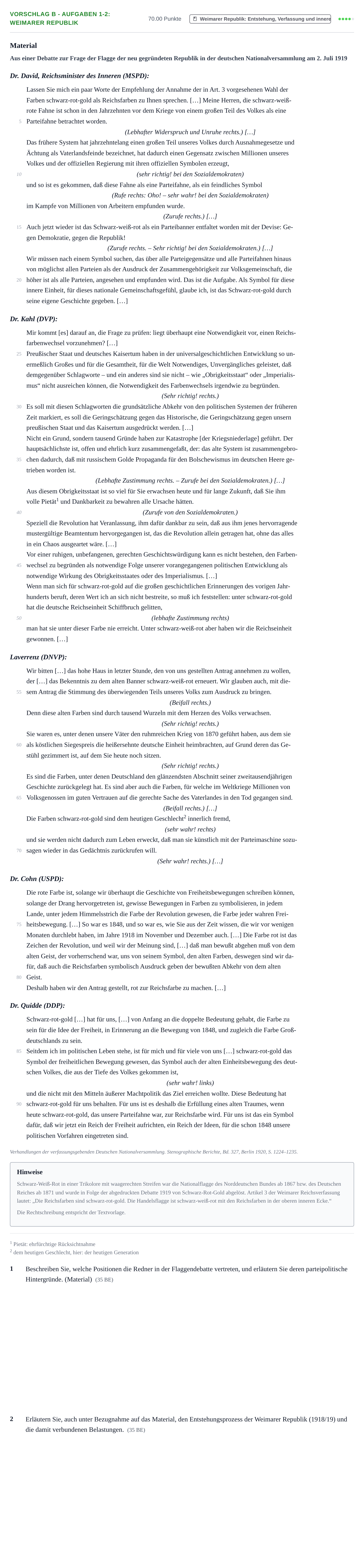 Aufgabenstellung: Aufgabe Vorschlag B - Aufgaben 1-2: Weimarer Republik · Abitur Hessen Geschichte LK 2022
