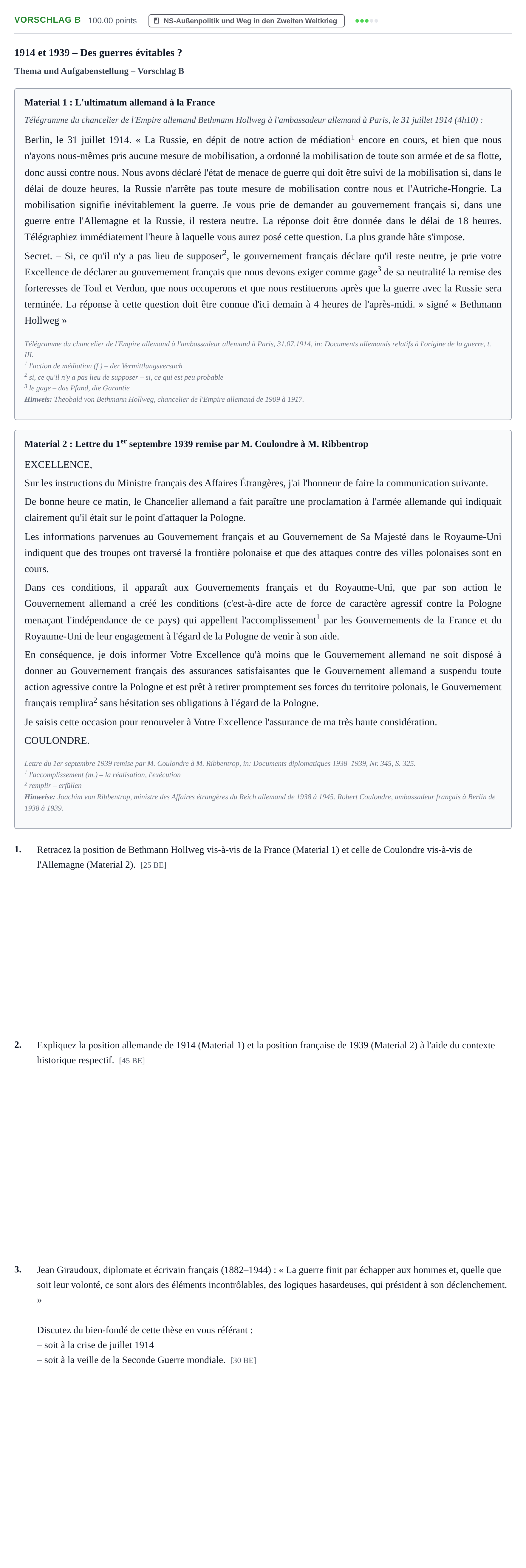 Aufgabenstellung: Aufgabe Vorschlag B · Abitur Hessen Geschichte GK · bilingual Französisch 2022