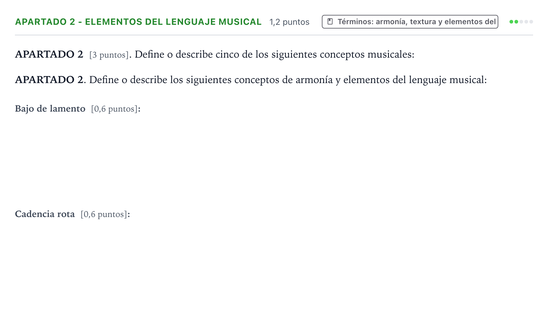Enunciado: Apartado 2 - Elementos del lenguaje musical · Análisis Musical II PAU Cantabria Extraordinaria 2026