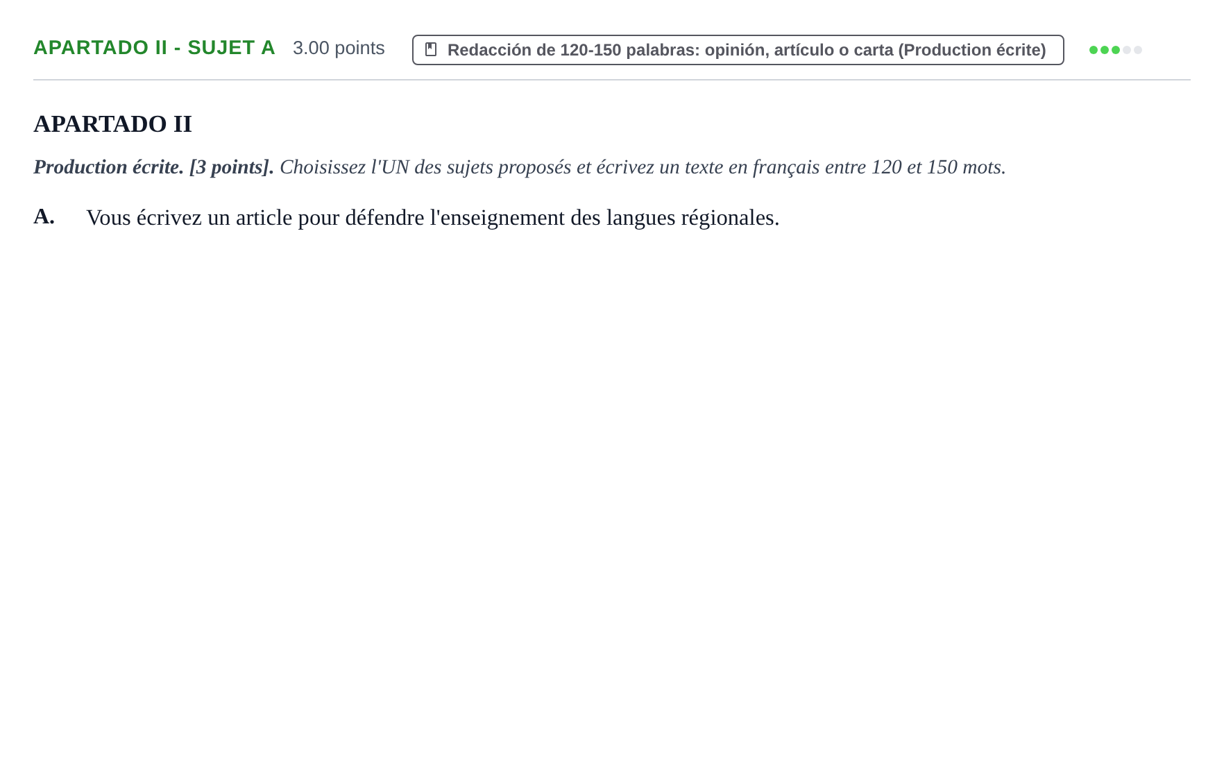 Enunciado: Apartado II - Sujet A · Francés PAU Cantabria Extraordinaria 2026