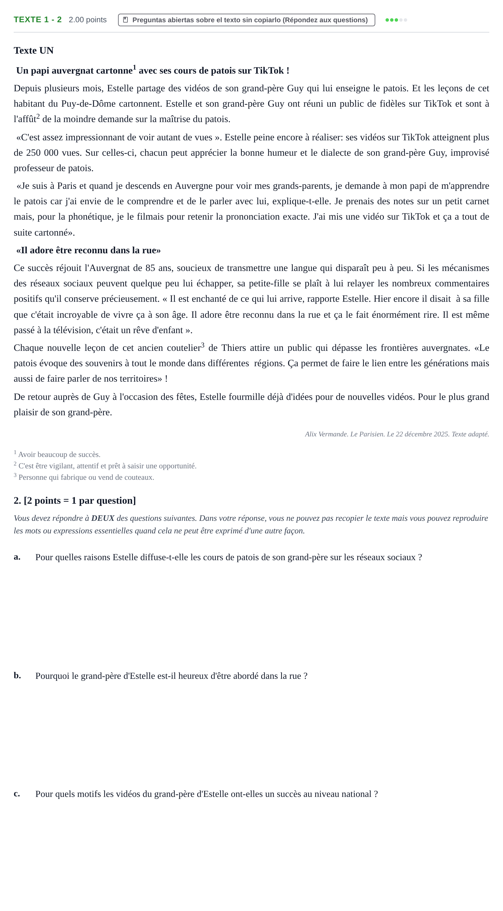 Enunciado: Ejercicio Texte 1 - 2 · Francés PAU Cantabria Extraordinaria 2026
