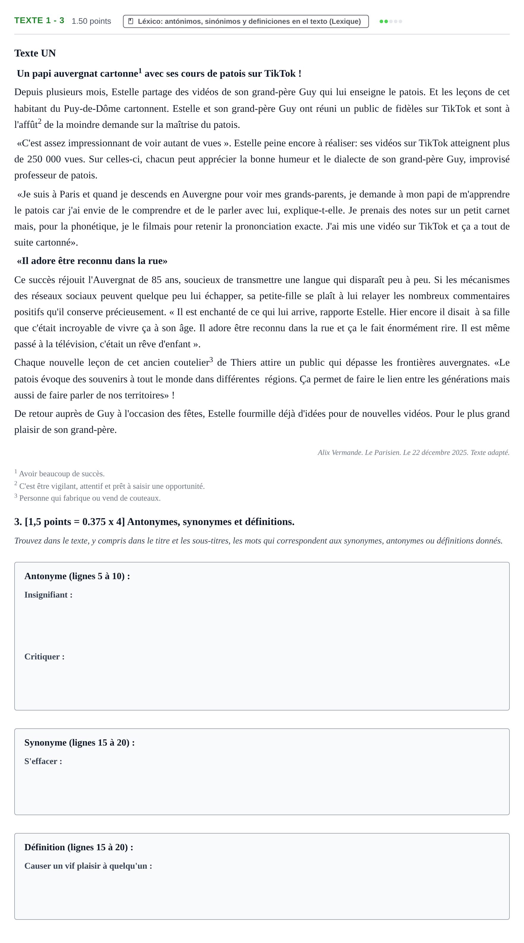 Enunciado: Ejercicio Texte 1 - 3 · Francés PAU Cantabria Extraordinaria 2026