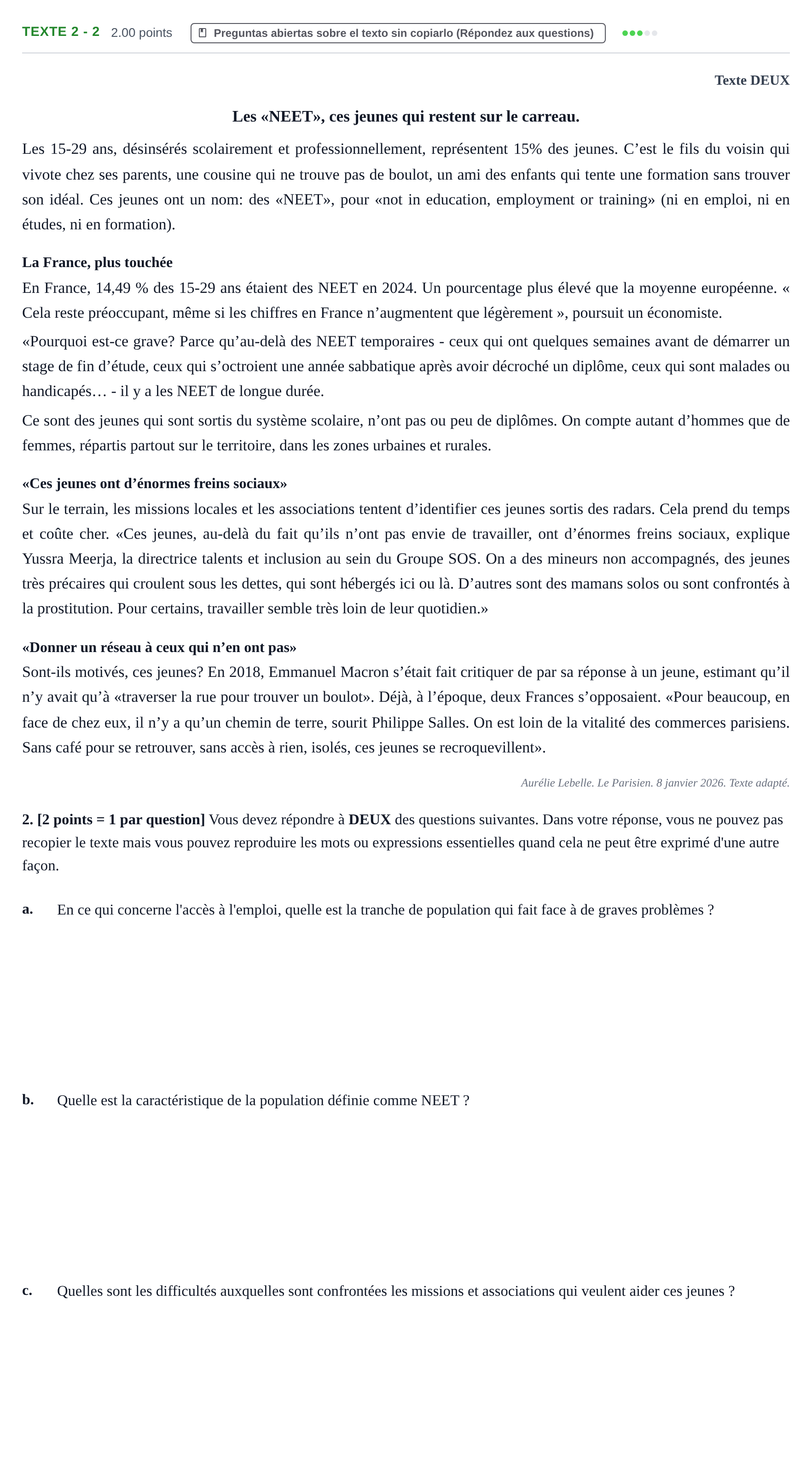 Enunciado: Ejercicio Texte 2 - 2 · Francés PAU Cantabria Extraordinaria 2026
