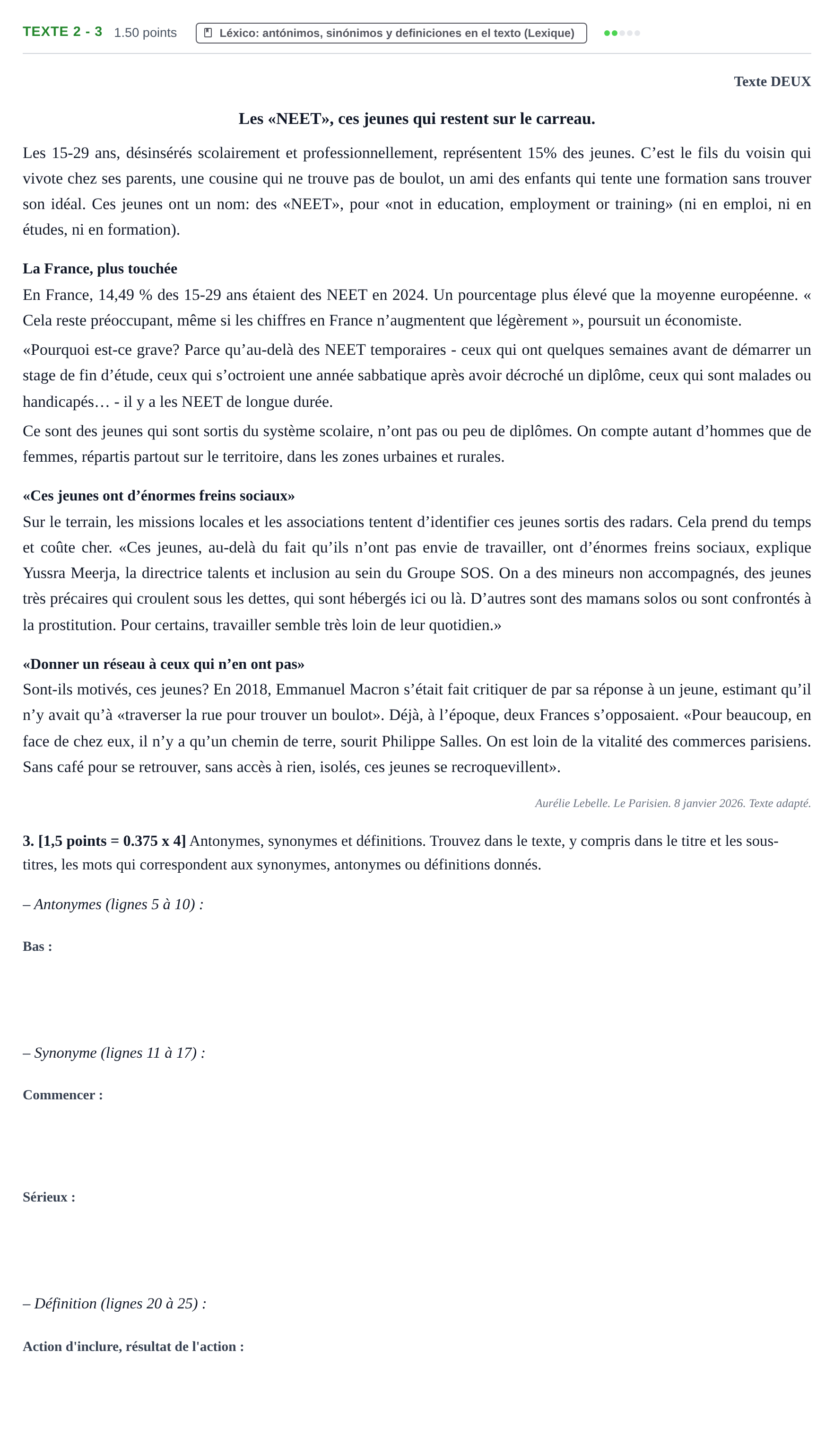 Enunciado: Ejercicio Texte 2 - 3 · Francés PAU Cantabria Extraordinaria 2026