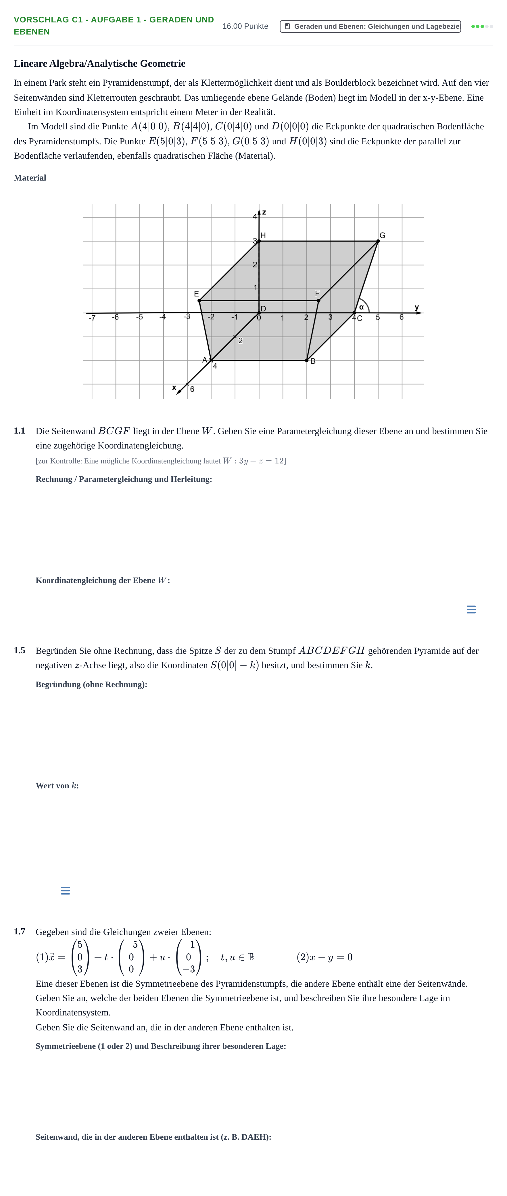 Aufgabenstellung: Aufgabe Vorschlag C1 - Aufgabe 1 - Geraden und Ebenen · Abitur Hessen Mathematik GK · CAS 2022