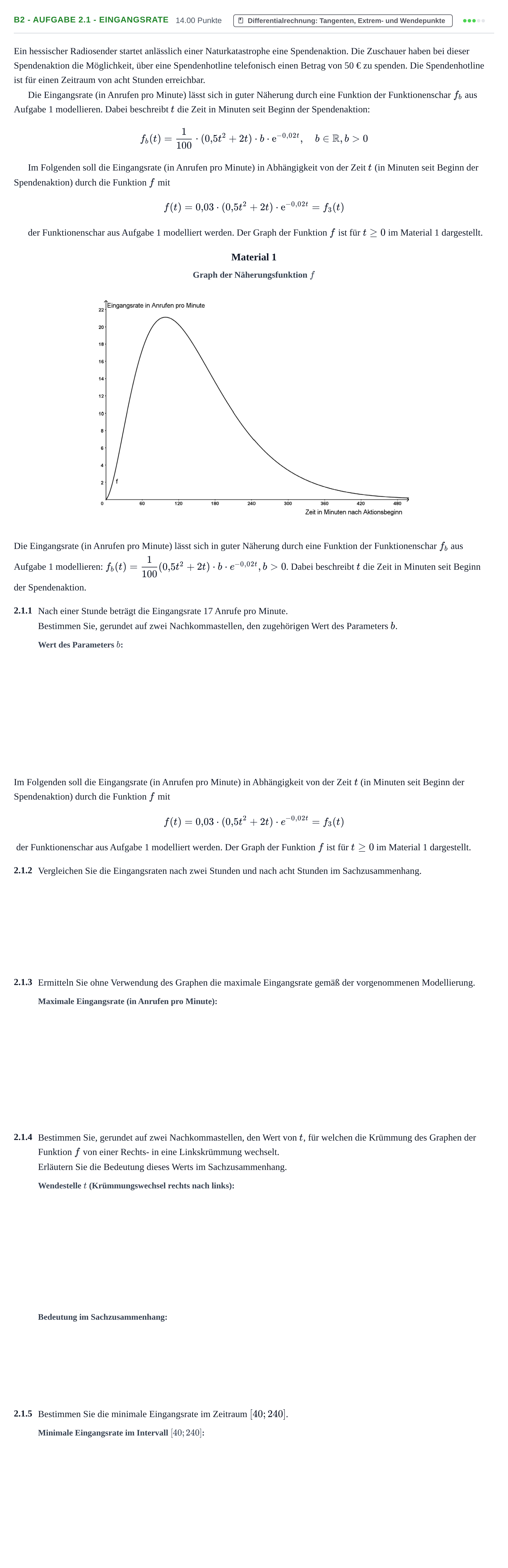 Aufgabenstellung: Aufgabe B2 - Aufgabe 2.1 - Eingangsrate · Abitur Hessen Mathematik LK · CAS 2022