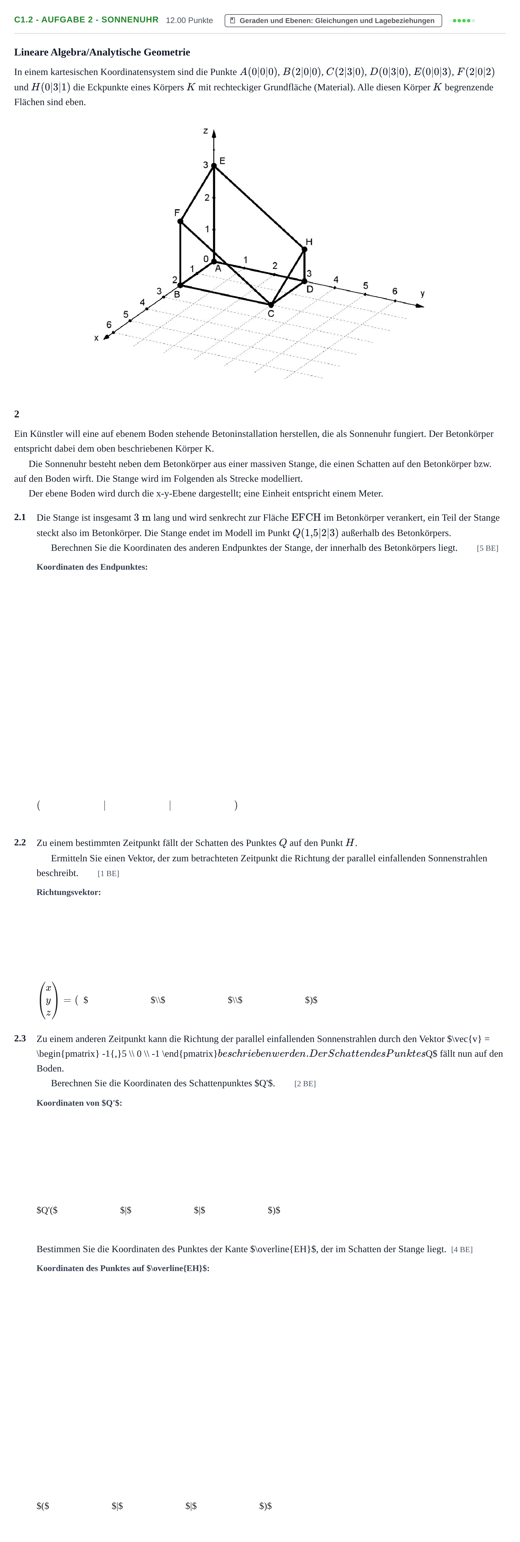 Aufgabenstellung: Aufgabe C1.2 - Aufgabe 2 - Sonnenuhr · Abitur Hessen Mathematik LK · CAS 2022