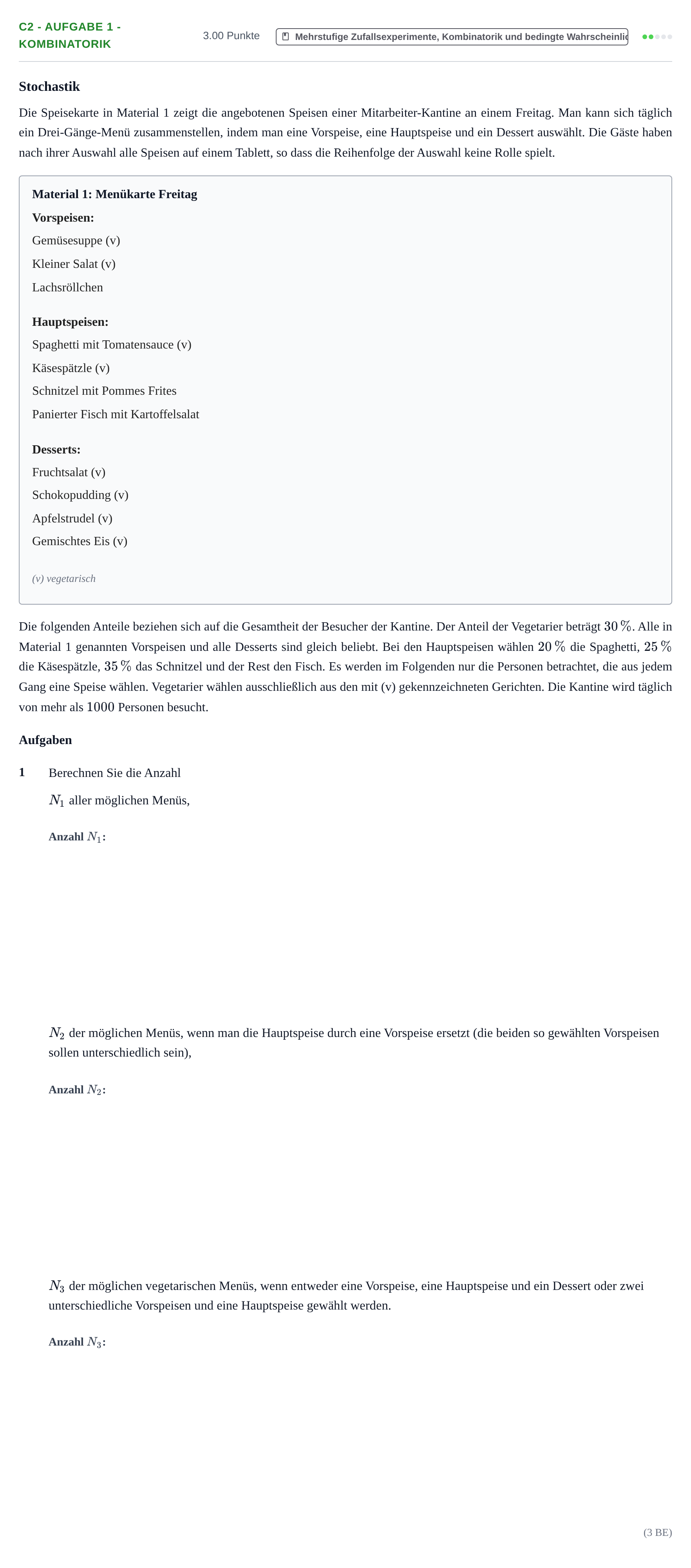 Aufgabenstellung: Aufgabe C2 - Aufgabe 1 - Kombinatorik · Abitur Hessen Mathematik LK · CAS 2022