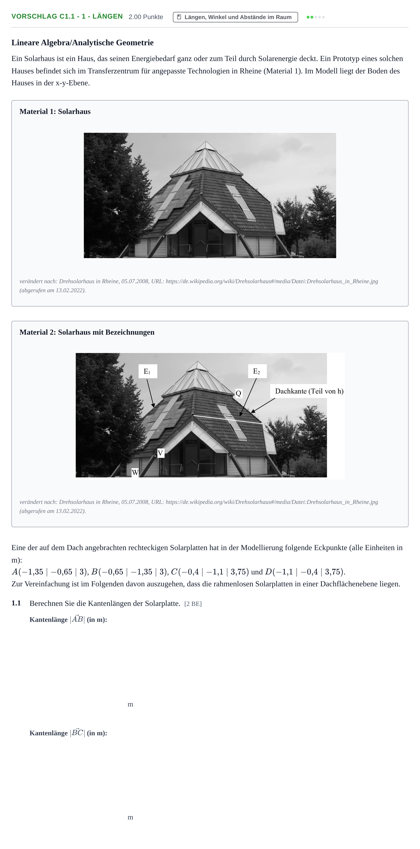Aufgabenstellung: Aufgabe Vorschlag C1.1 - 1 - Längen · Abitur Hessen Mathematik LK · Schulen für Erwachsene 2022