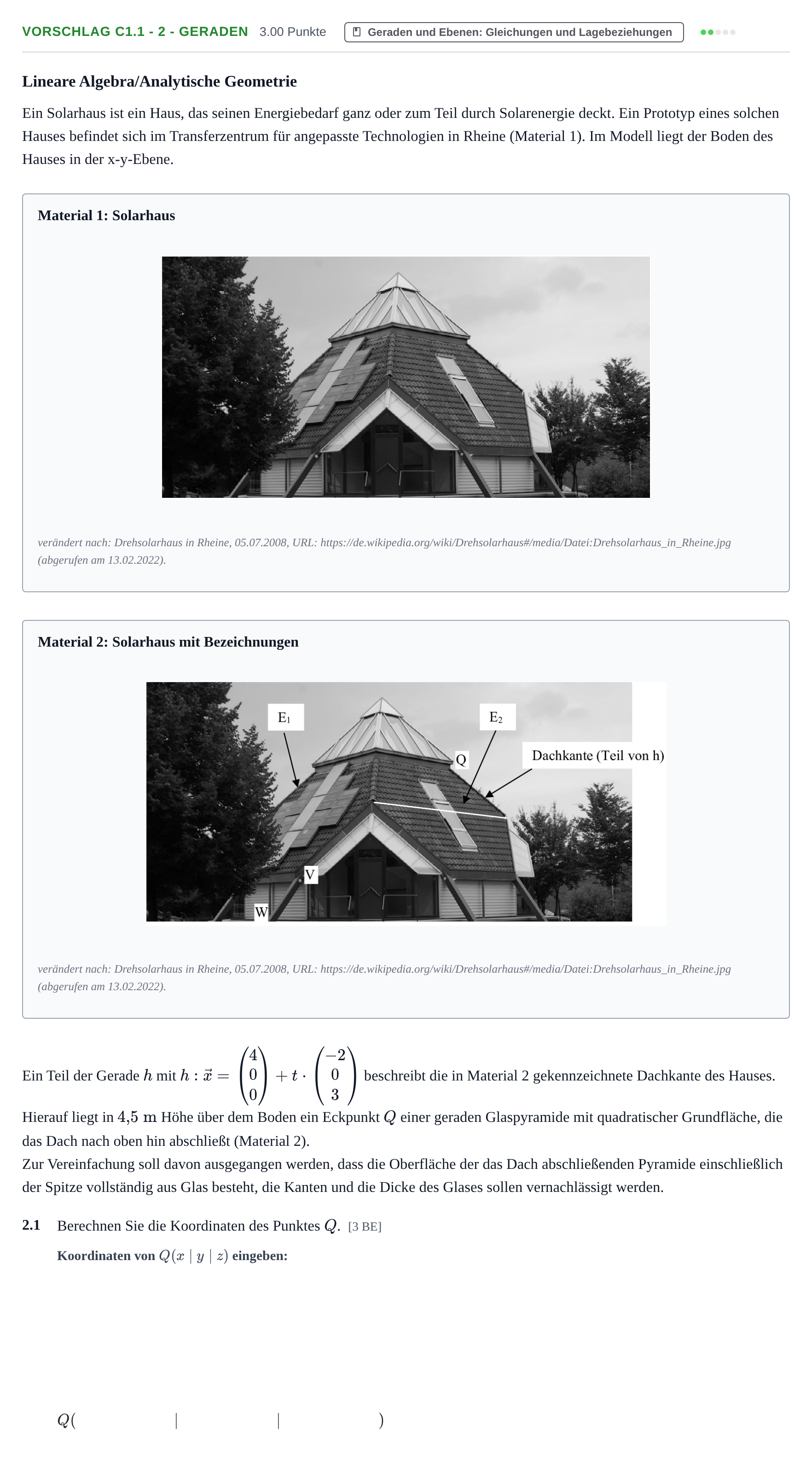 Aufgabenstellung: Aufgabe Vorschlag C1.1 - 2 - Geraden · Abitur Hessen Mathematik LK · Schulen für Erwachsene 2022
