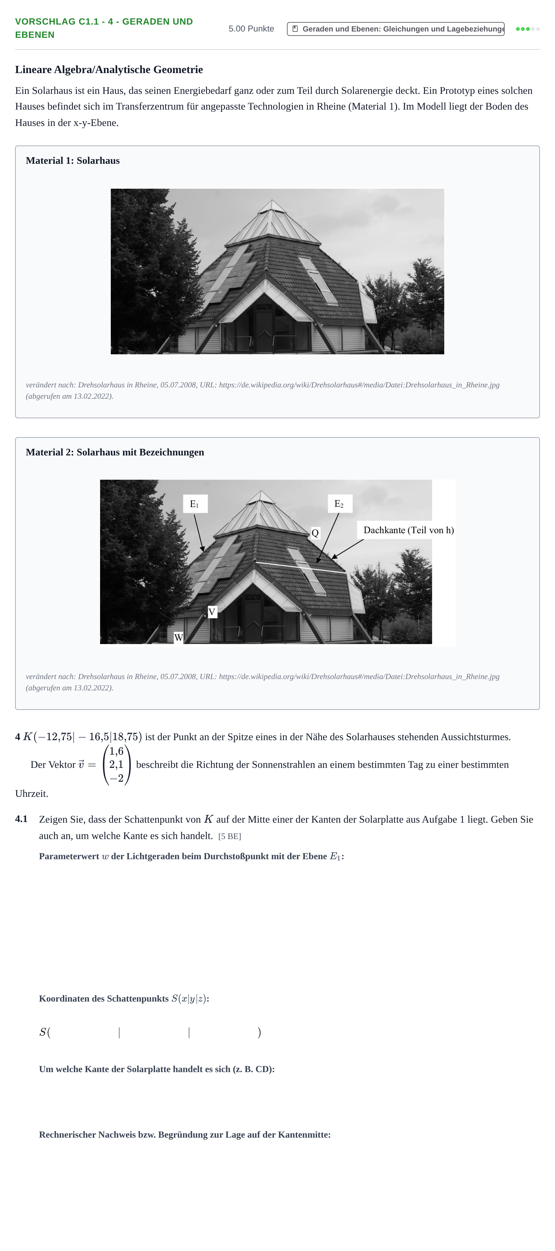 Aufgabenstellung: Aufgabe Vorschlag C1.1 - 4 - Geraden und Ebenen · Abitur Hessen Mathematik LK · Schulen für Erwachsene 2022