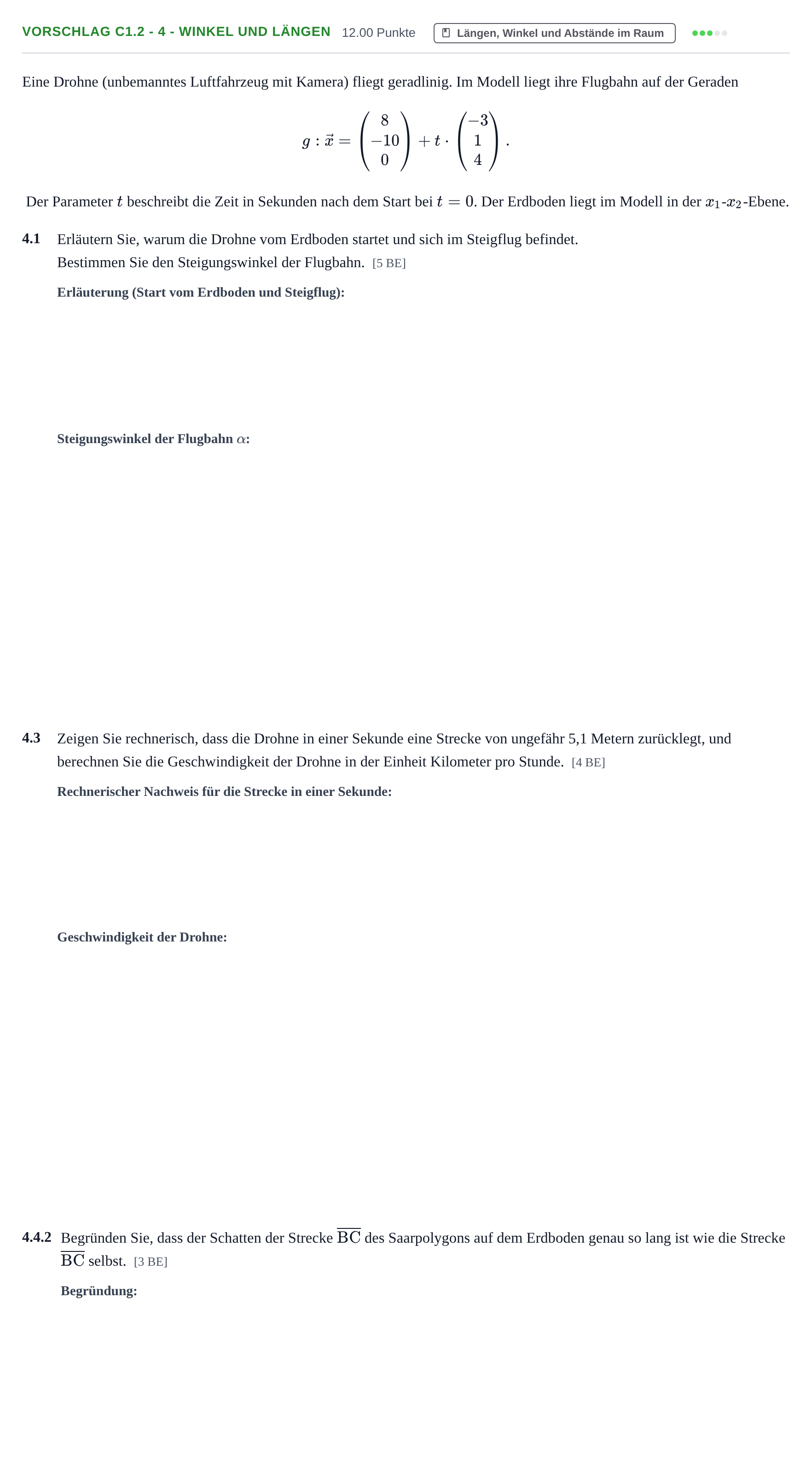 Aufgabenstellung: Aufgabe Vorschlag C1.2 - 4 - Winkel und Längen · Abitur Hessen Mathematik LK · Schulen für Erwachsene 2022