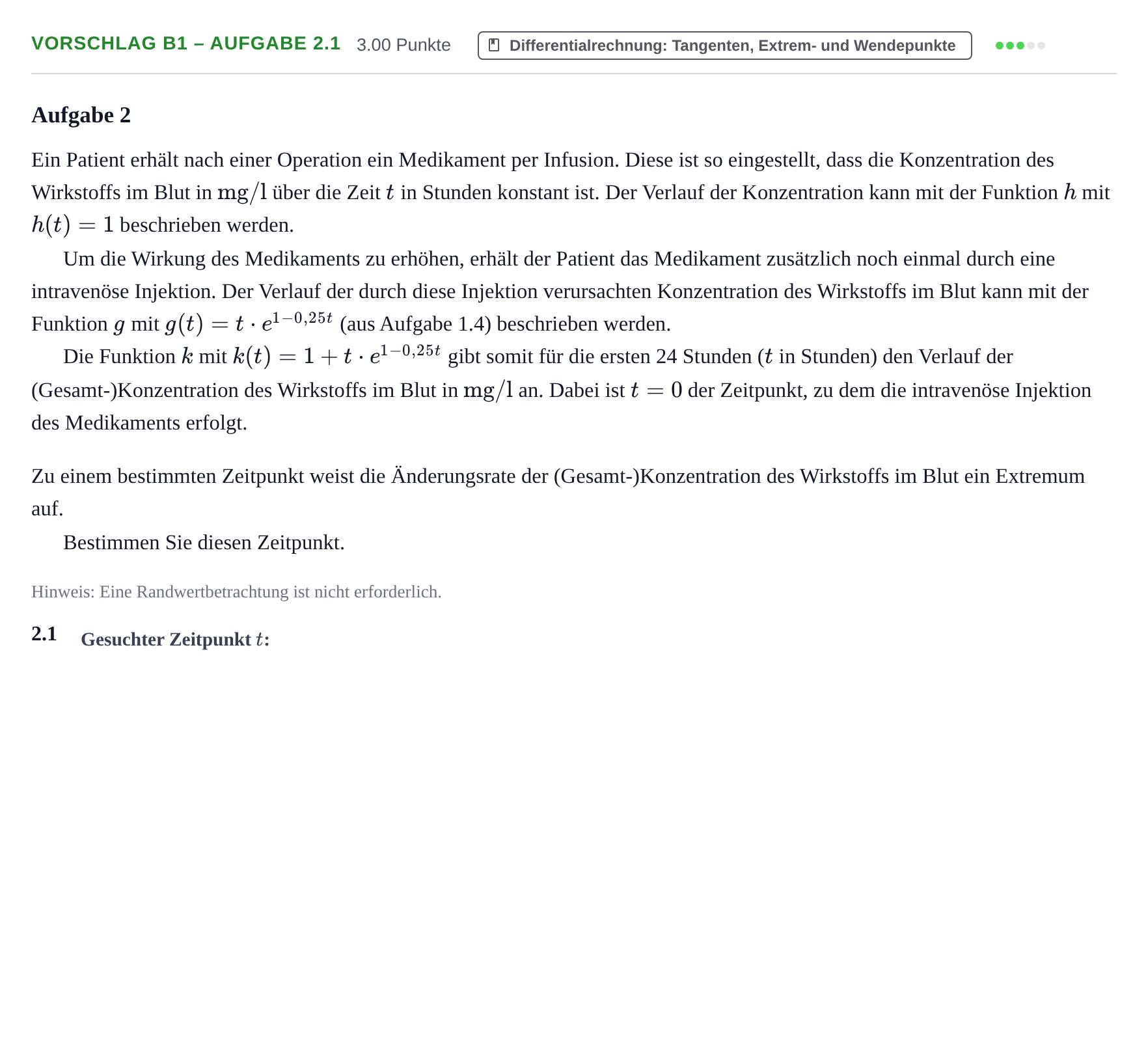 Aufgabenstellung: Aufgabe Vorschlag B1 – Aufgabe 2.1 · Abitur Hessen Mathematik LK · WTR 2022