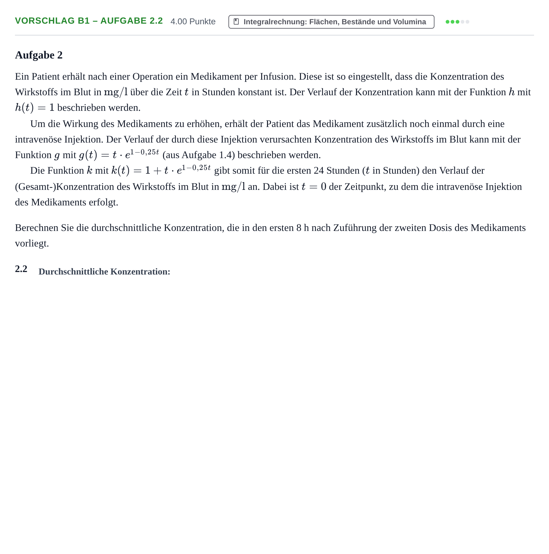 Aufgabenstellung: Aufgabe Vorschlag B1 – Aufgabe 2.2 · Abitur Hessen Mathematik LK · WTR 2022