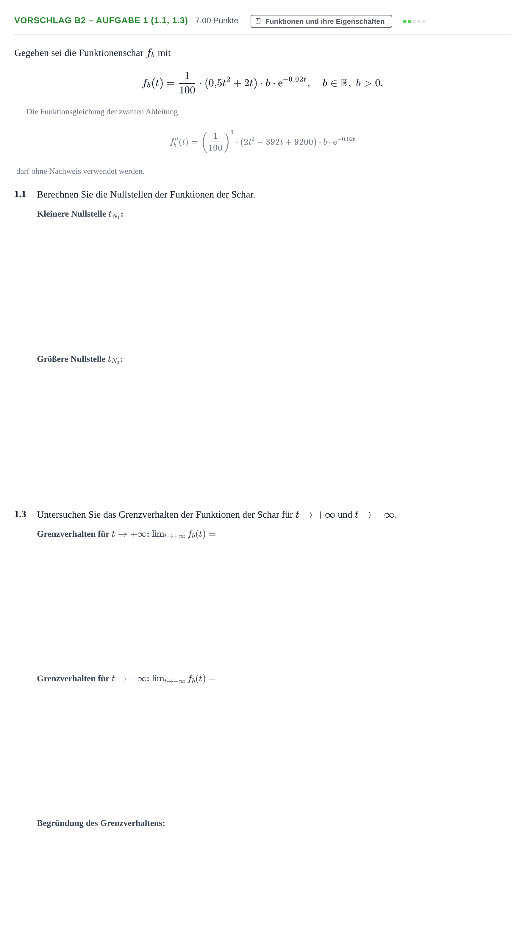Aufgabenstellung: Aufgabe Vorschlag B2 – Aufgabe 1 (1.1, 1.3) · Abitur Hessen Mathematik LK · WTR 2022