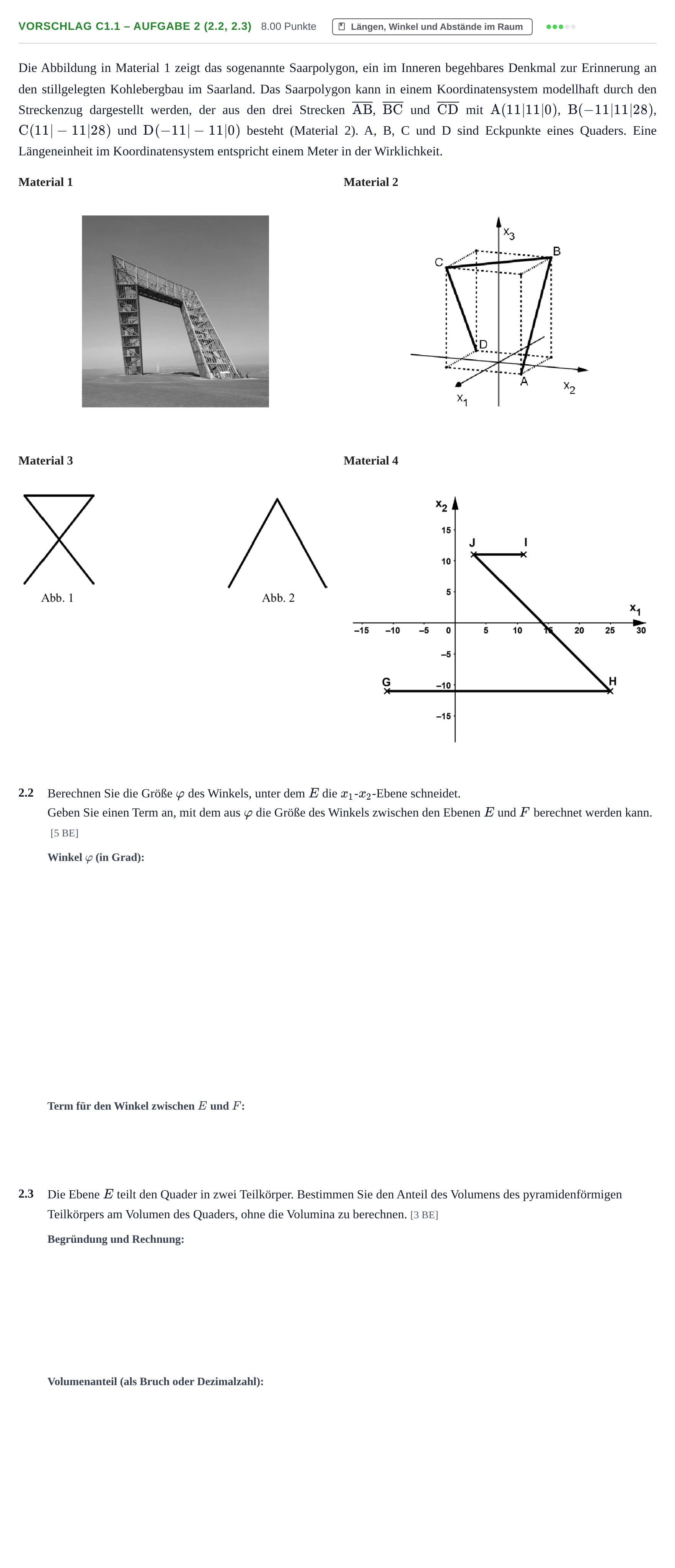 Aufgabenstellung: Aufgabe Vorschlag C1.1 – Aufgabe 2 (2.2, 2.3) · Abitur Hessen Mathematik LK · WTR 2022