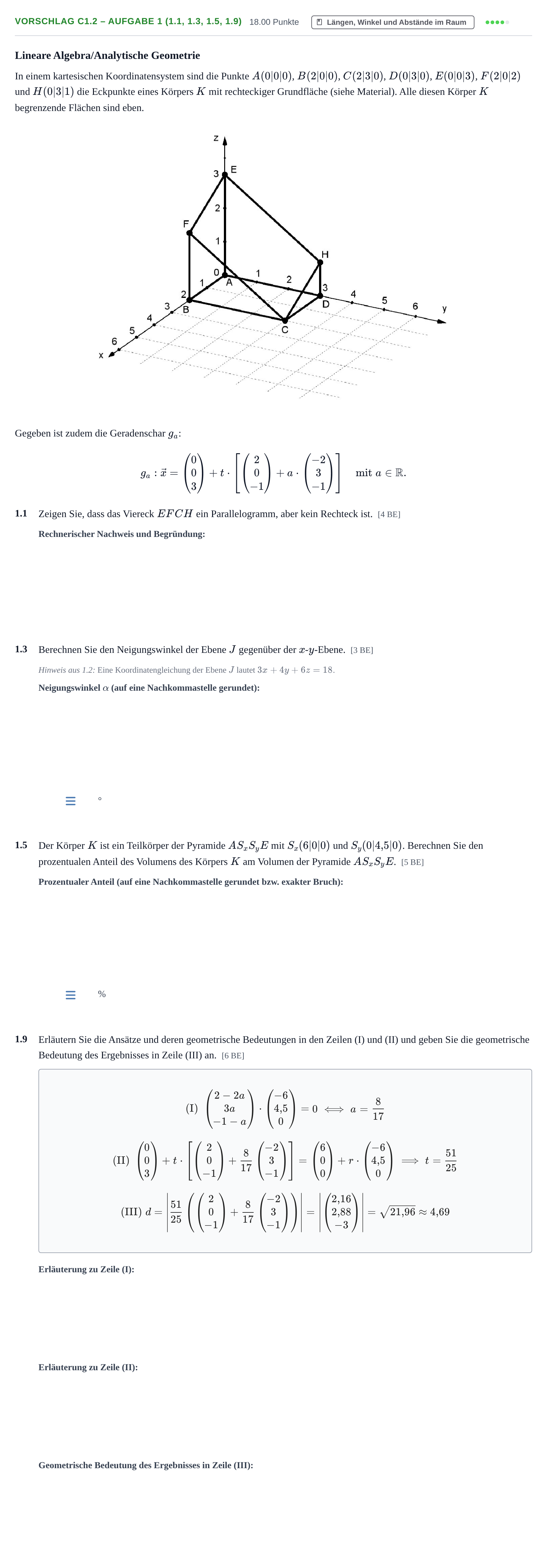 Aufgabenstellung: Aufgabe Vorschlag C1.2 – Aufgabe 1 (1.1, 1.3, 1.5, 1.9) · Abitur Hessen Mathematik LK · WTR 2022