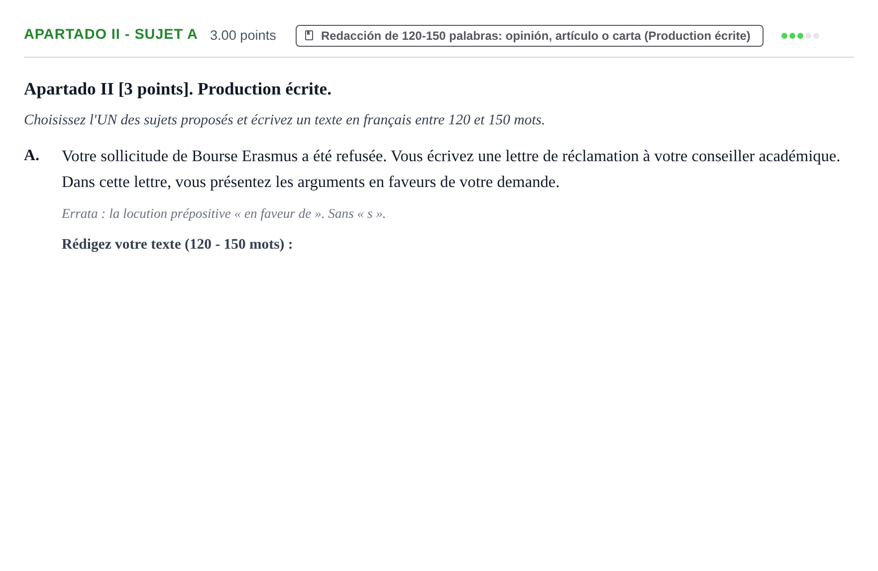 Enunciado: Apartado II - Sujet A · Francés PAU Cantabria Ordinaria 2026