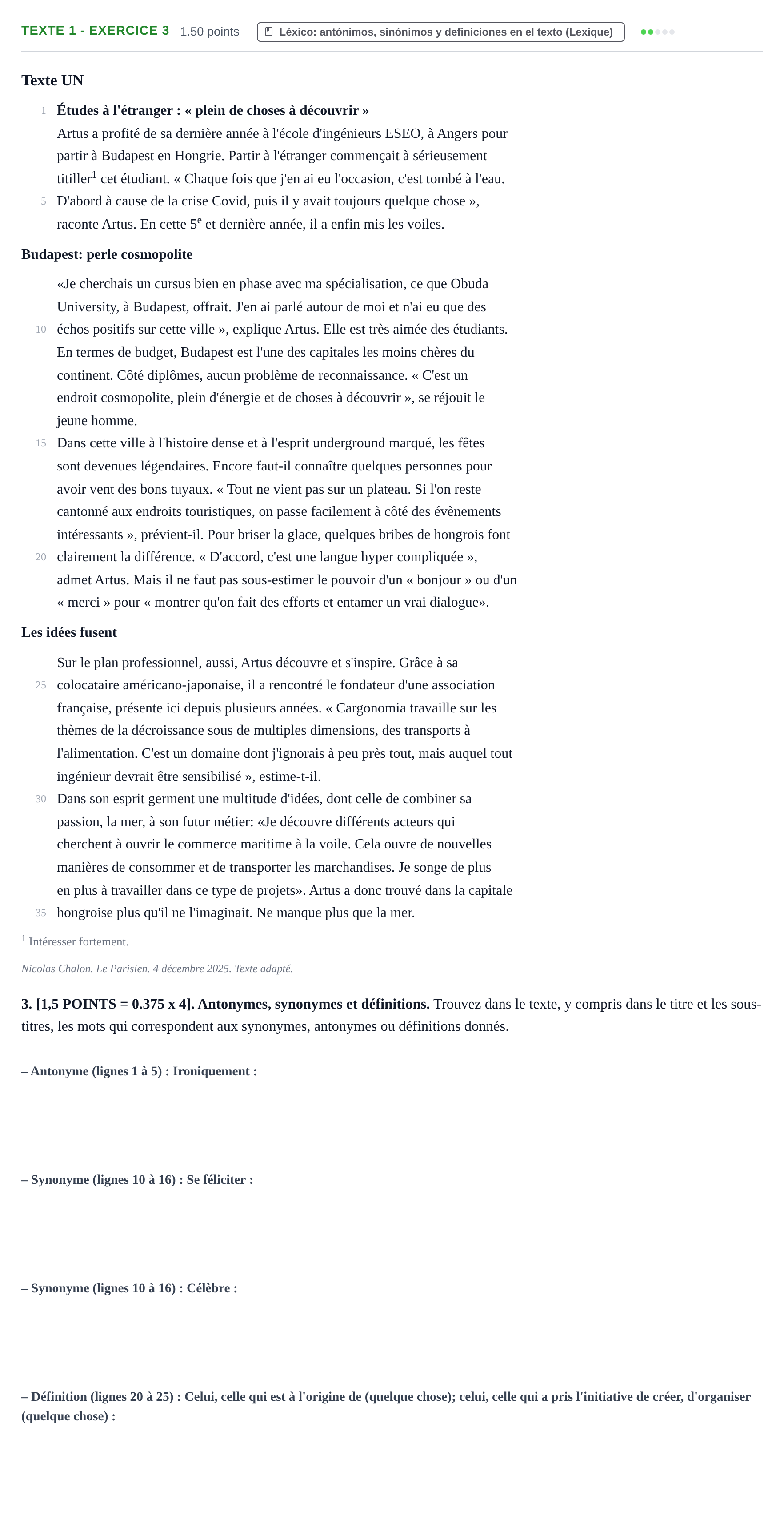 Enunciado: Ejercicio Texte 1 - Exercice 3 · Francés PAU Cantabria Ordinaria 2026