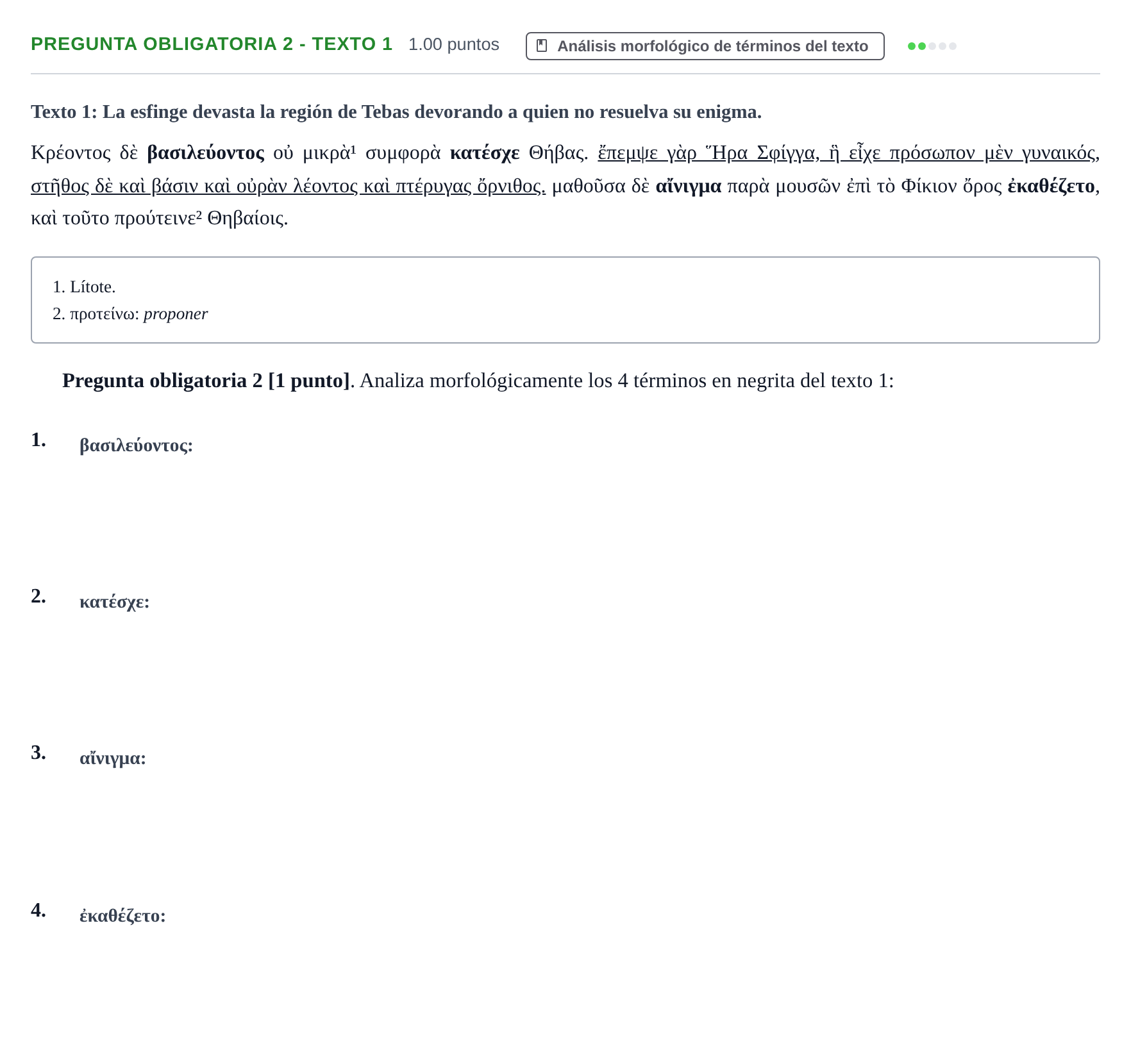 Enunciado: Pregunta obligatoria 2 - Texto 1 · Griego II PAU Cantabria Extraordinaria 2026