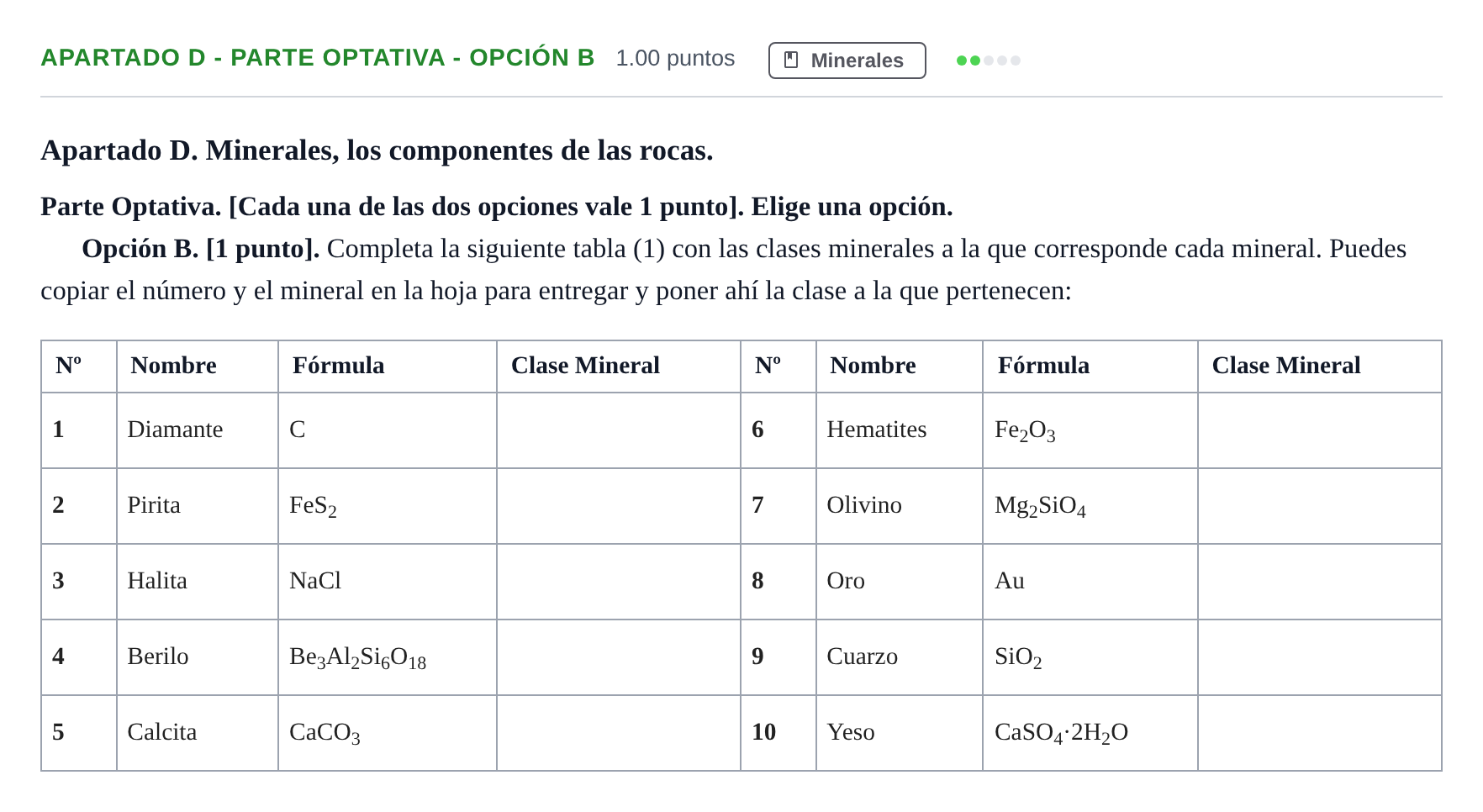 Enunciado: Apartado D - Parte Optativa - Opción B · Geología y Ciencias Ambientales PAU Cantabria Extraordinaria 2026