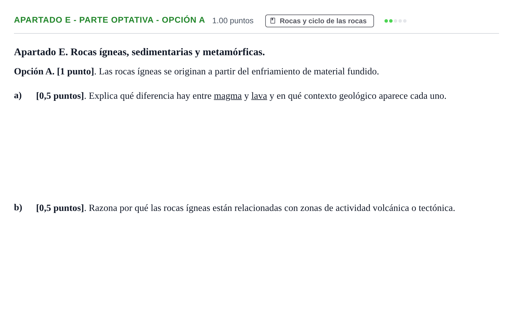 Enunciado: Apartado E - Parte Optativa - Opción A · Geología y Ciencias Ambientales PAU Cantabria Extraordinaria 2026